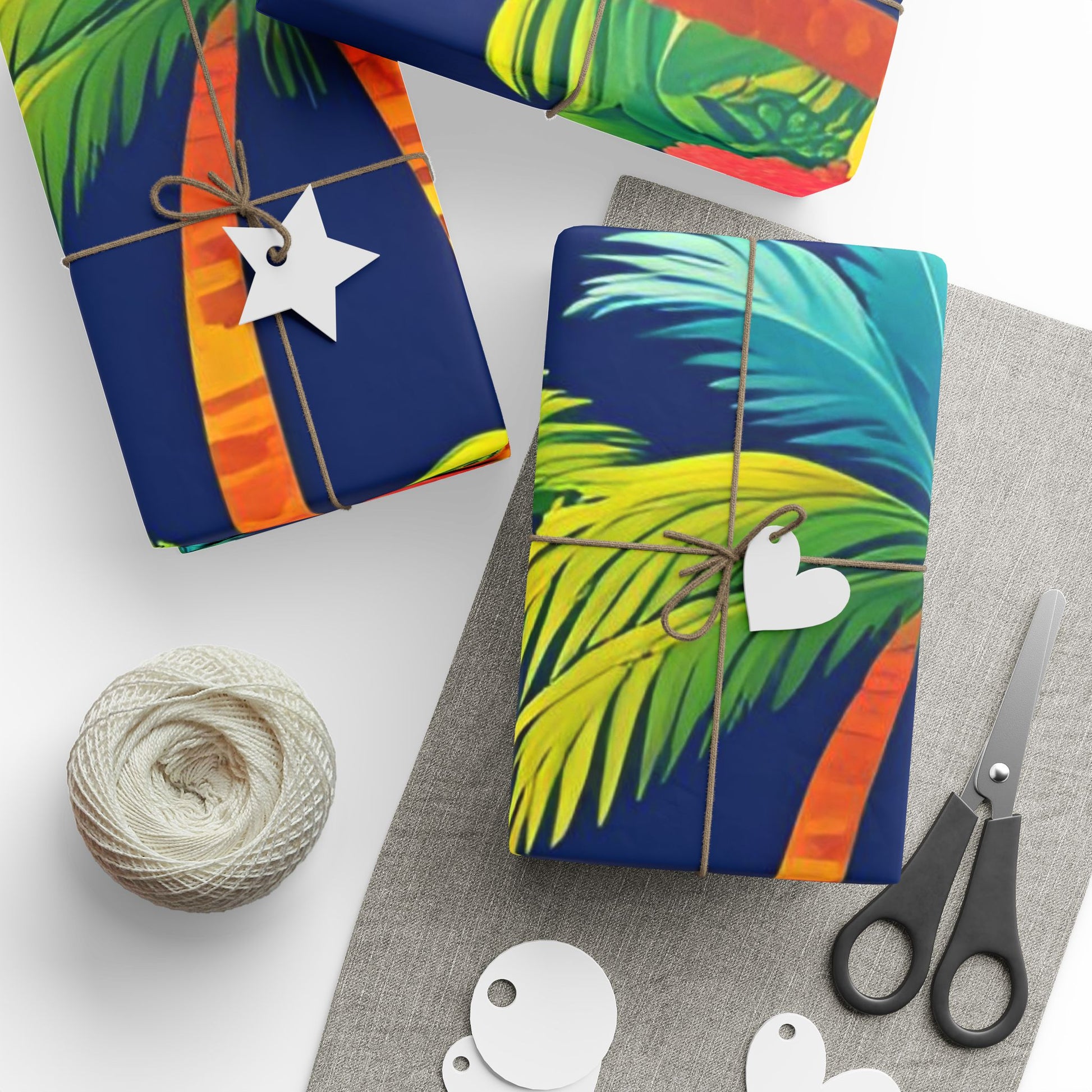 Colorful Palm Tree Wrapping Paper – Tropical Gift Wrap on Navy Blue Background