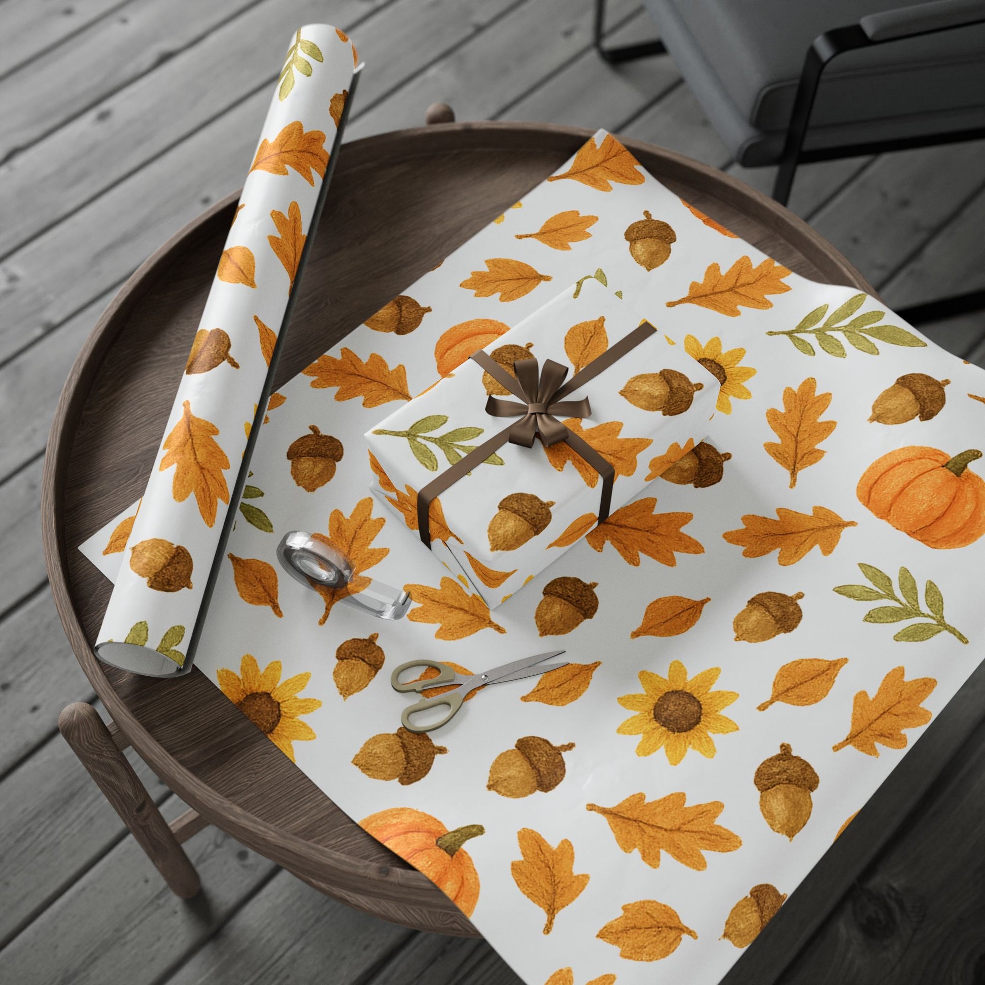Autumn Harvest Wrapping Paper – Pumpkins, Sunflowers & Oak Leaves Design for Thanksgiving Gifts