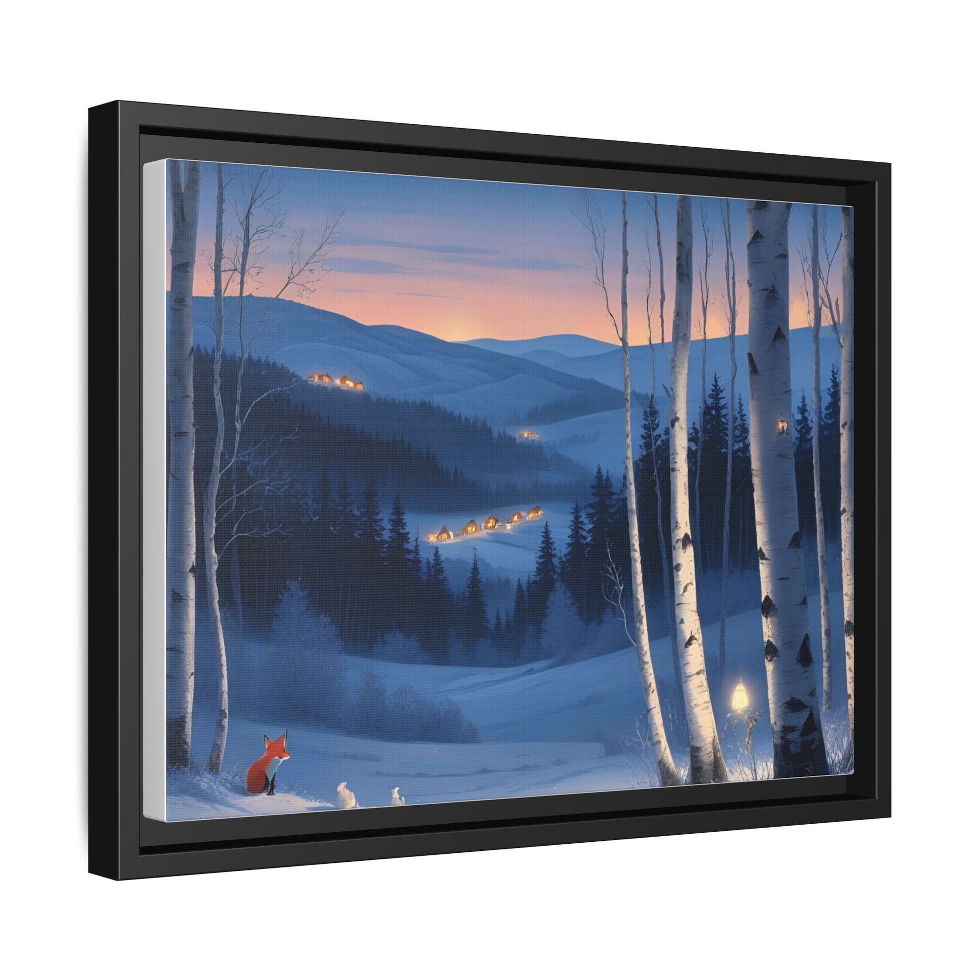 Snowy Forest Scene with Fox and Cabin Lights - Framed Winter Landscape Artwork