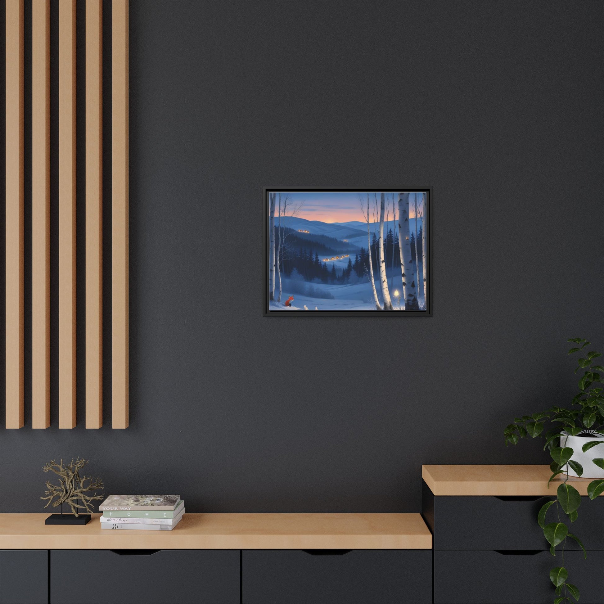 Snowy Forest Scene with Fox and Cabin Lights - Framed Winter Landscape Artwork