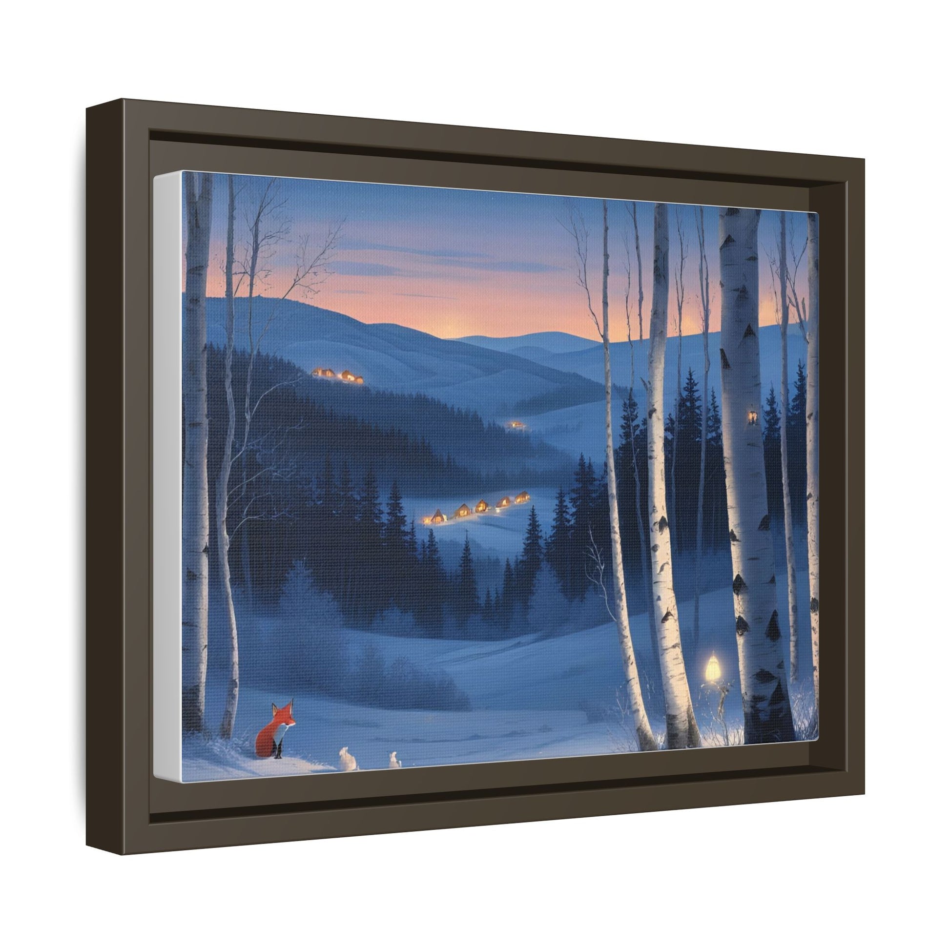 Snowy Forest Scene with Fox and Cabin Lights - Framed Winter Landscape Artwork