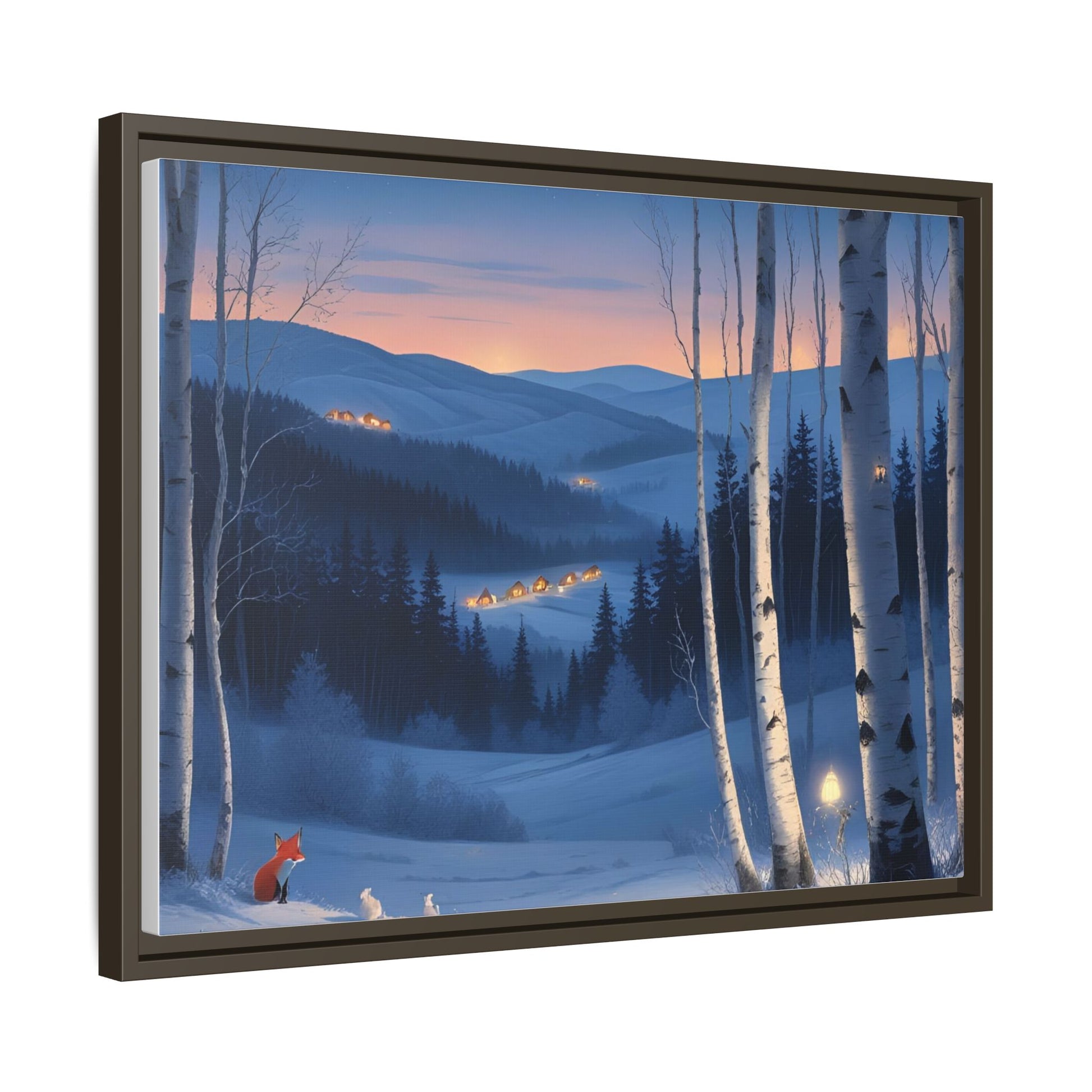 Snowy Forest Scene with Fox and Cabin Lights - Framed Winter Landscape Artwork