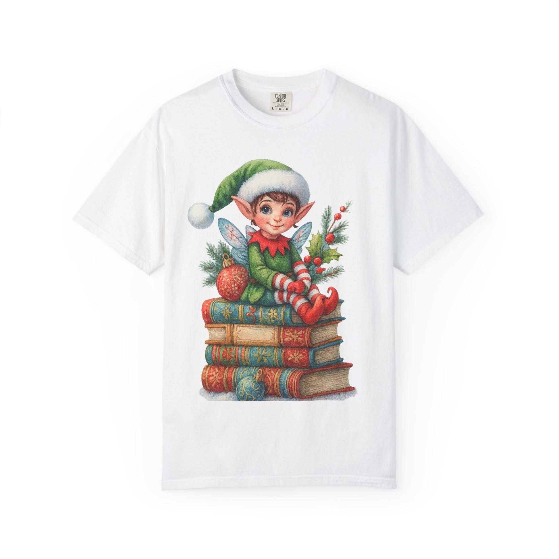 Christmas Elf on Books T-Shirt — Cute Holiday Elf Reading Graphic Tee