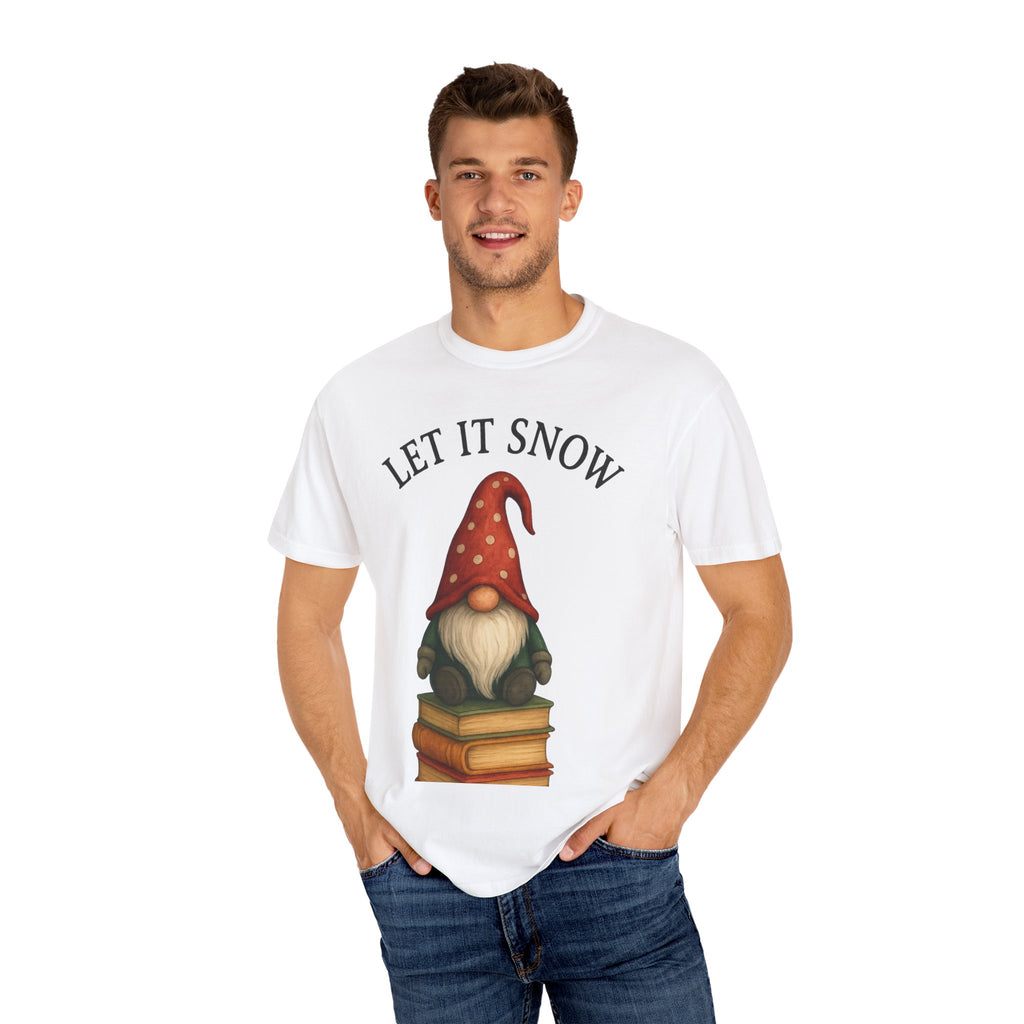 Let It Snow Gnome T‑Shirt — Cute Reading Gnome Holiday Tee