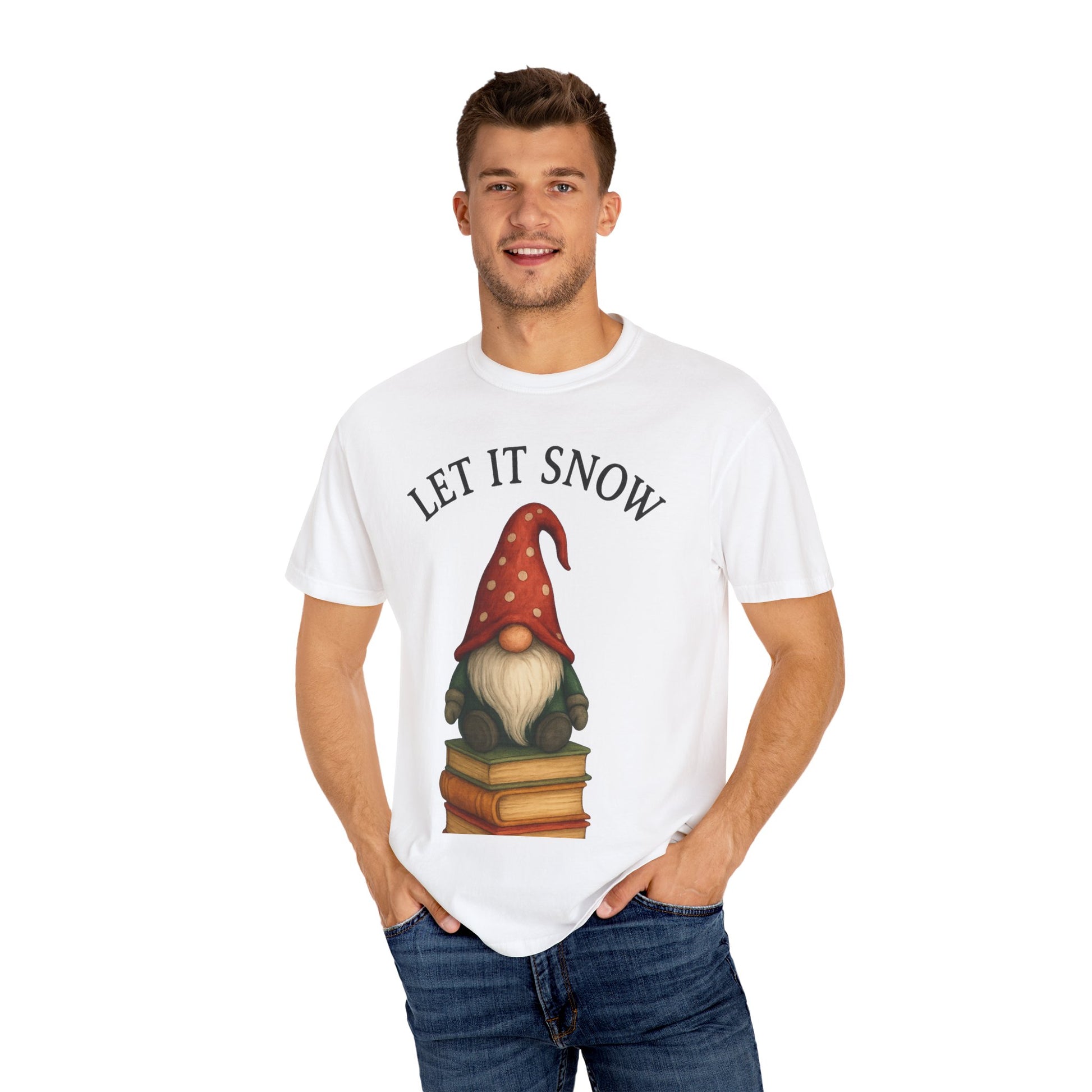 Let It Snow Gnome T‑Shirt — Cute Reading Gnome Holiday Tee