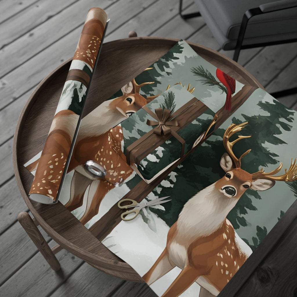 Large Print Festive Holiday Gift Wrap - Winter Deer & Cardinal Forest Wrapping Paper