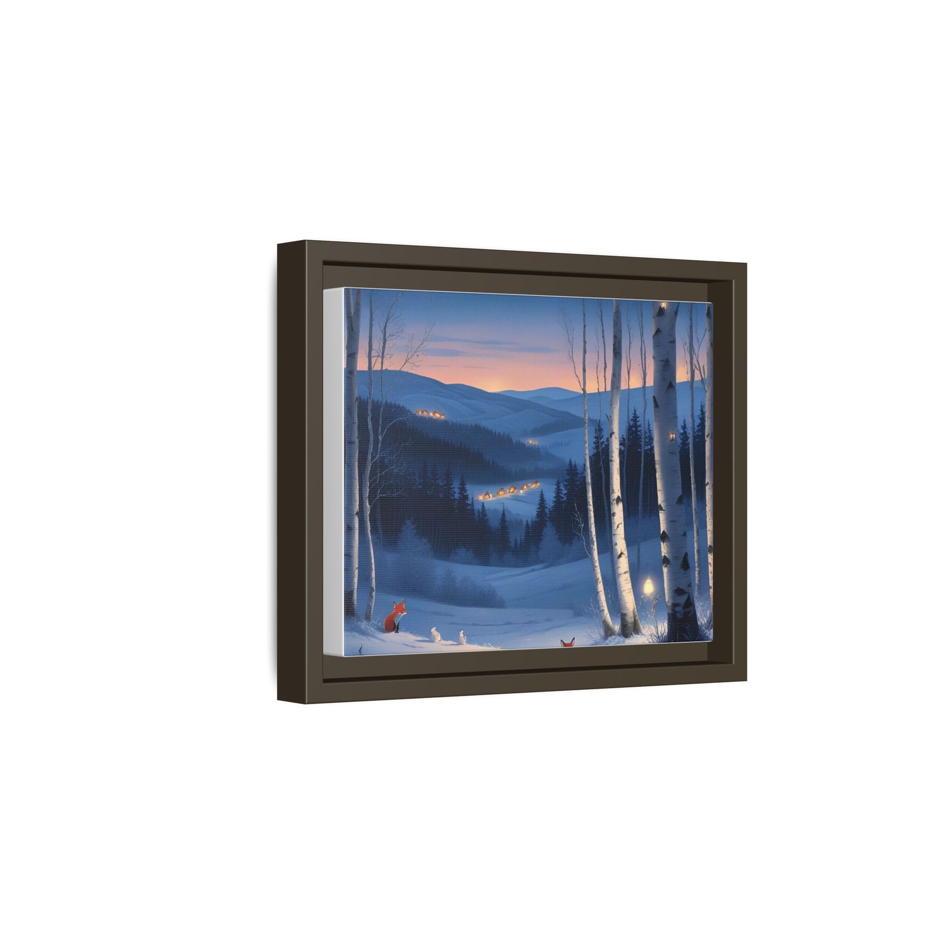 Snowy Forest Scene with Fox and Cabin Lights - Framed Winter Landscape Artwork