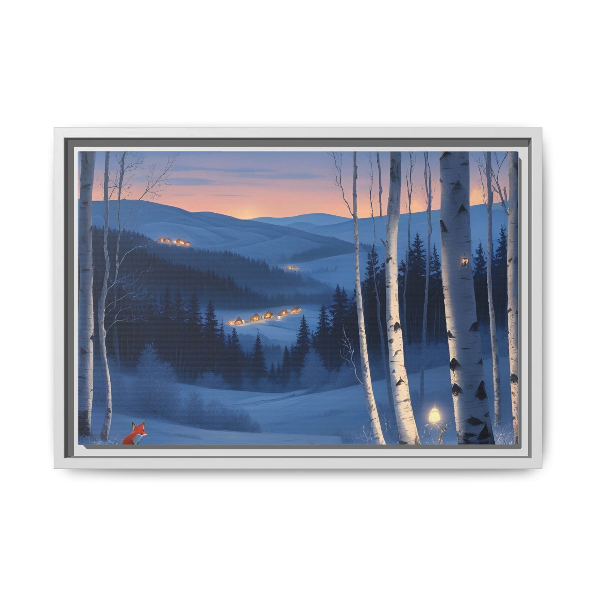 Snowy Forest Scene with Fox and Cabin Lights - Framed Winter Landscape Artwork