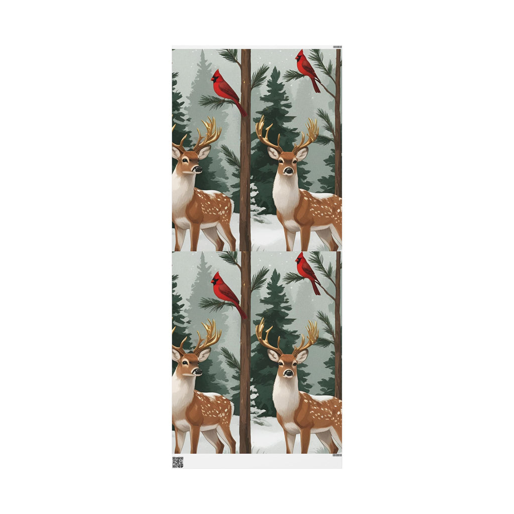 Large Print Festive Holiday Gift Wrap - Winter Deer & Cardinal Forest Wrapping Paper