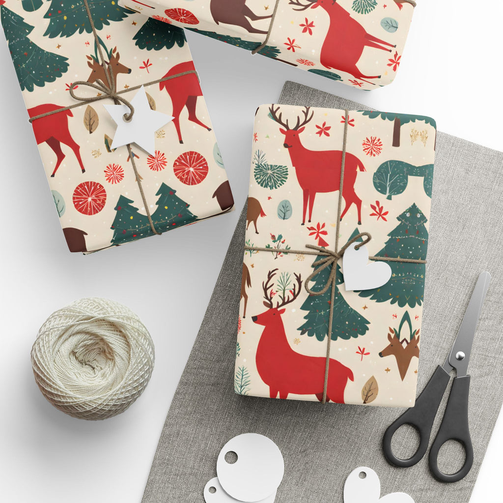 Woodland Reindeer and Evergreen Wrapping Paper – Rustic Christmas Forest Gift Wrap - As Designer