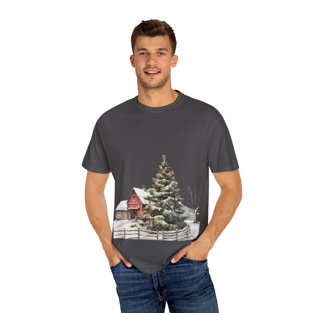 Whispers of Winter – Christmas Barn T-Shirt SHORT SLEEVE | Rustic Holiday Scene by Paper Pleasures