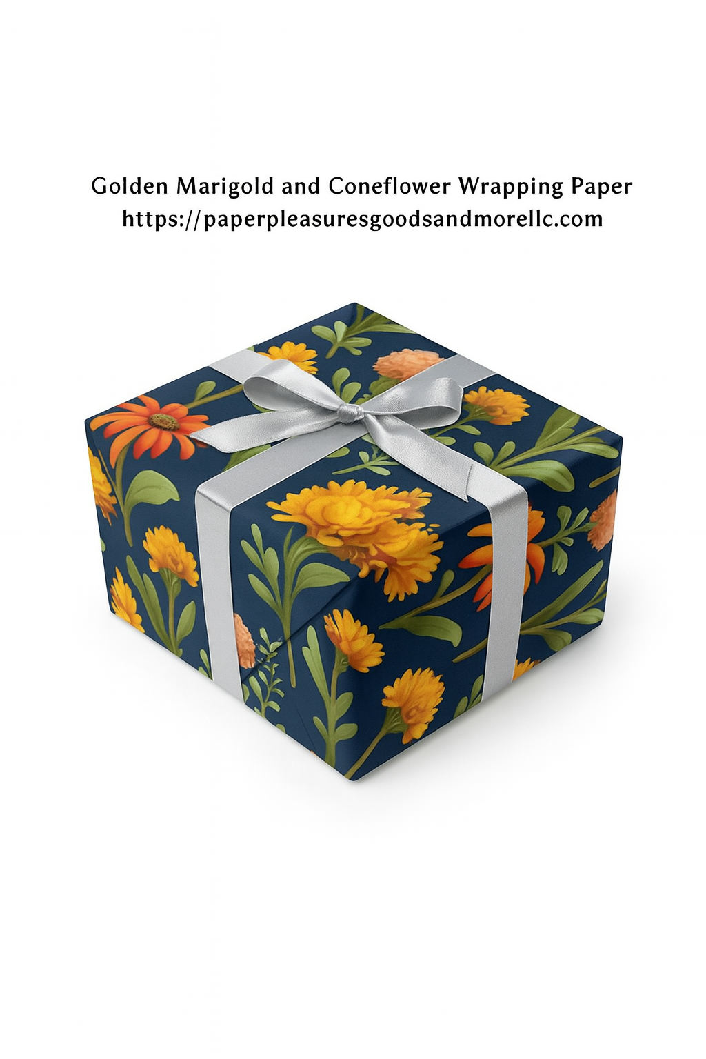 Golden Marigold and Coneflower Wrapping Paper – Elegant Wildflower Gift Wrap on Navy Background
