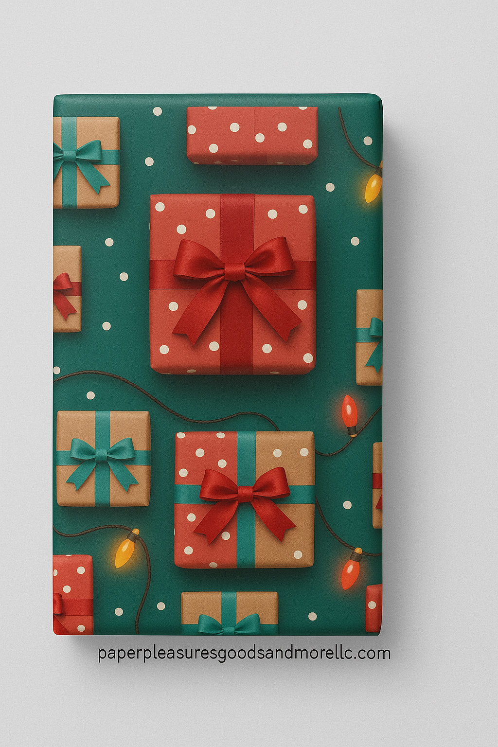 Red and Kraft with Bows and Lights Wrapping Papers - Festive Holiday Gift Wrapping Paper