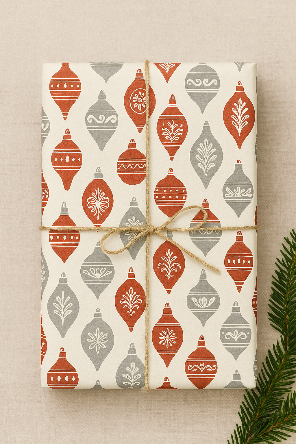 Gift wrapped in red and gray ornament patterned paper with a beige background