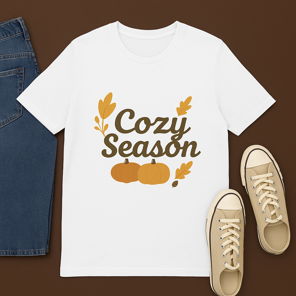 Cozy Season Fall T-Shirt – Autumn Pumpkins & Leaves Graphic Tee for Cozy Autumn Days