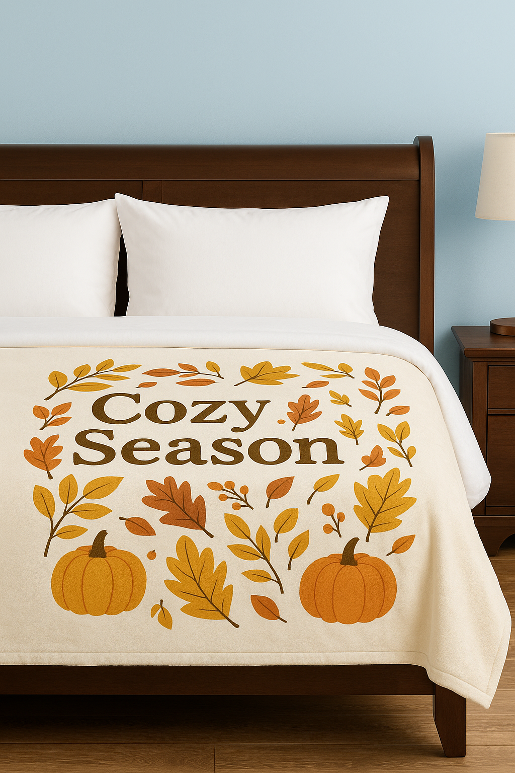 Bedspread with 'Cozy Season' text and autumnal design on a bed.
