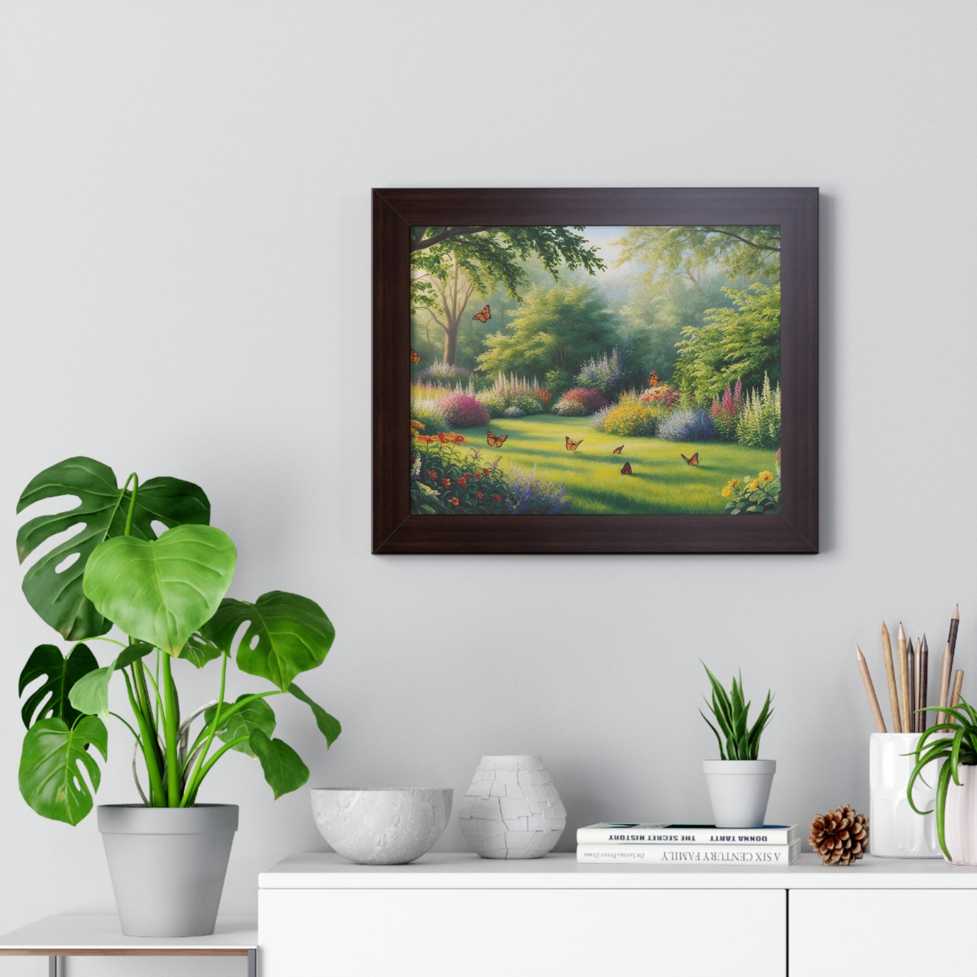 Serene Nature Framed Poster - Butterfly Garden Print for Home Decor