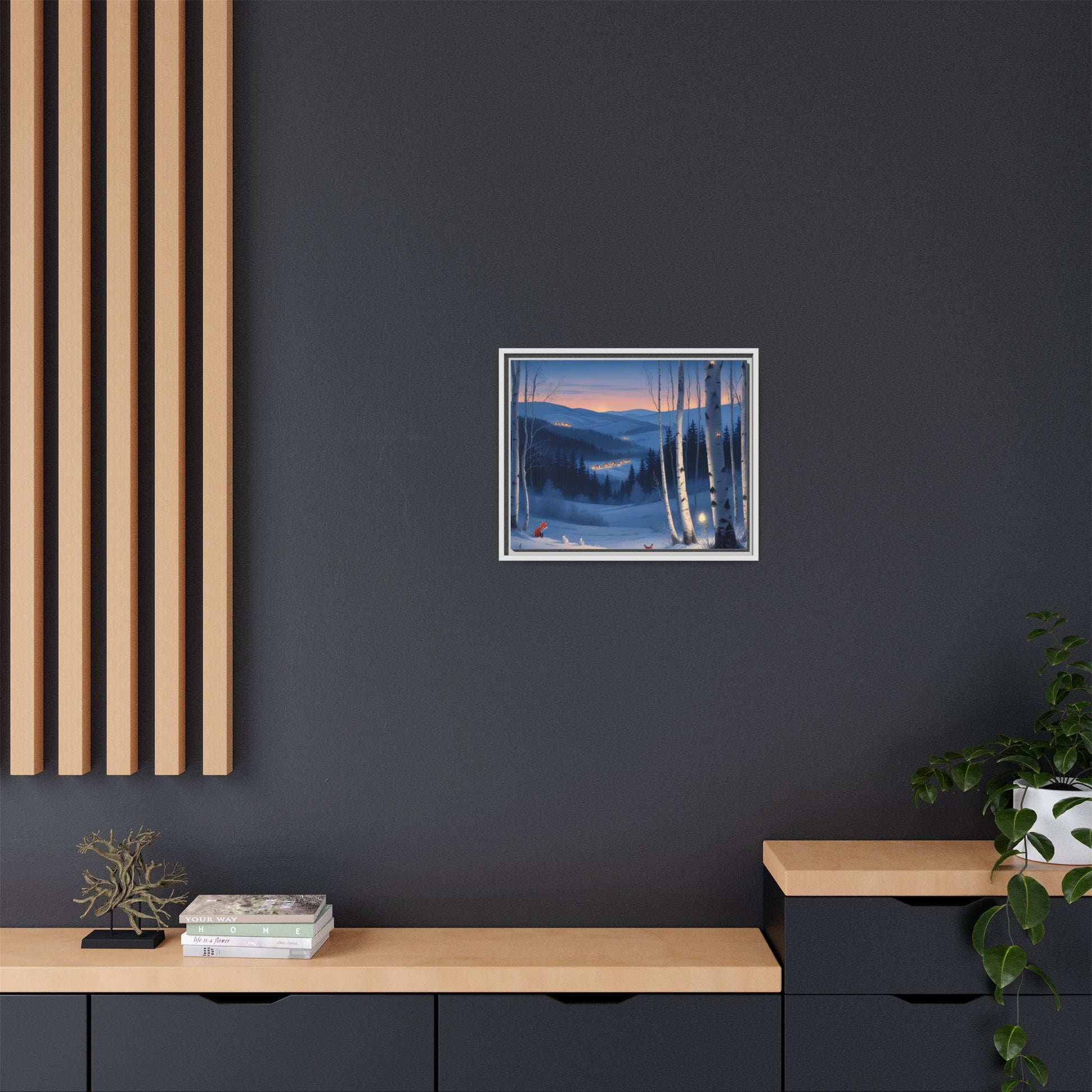 Snowy Forest Scene with Fox and Cabin Lights - Framed Winter Landscape Artwork