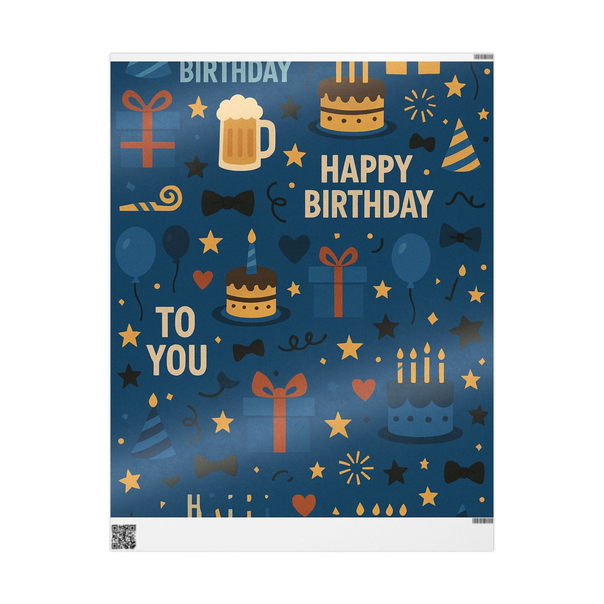 Happy Birthday Wrapping Paper – Navy Blue with Cakes, Gifts & Party Icons
