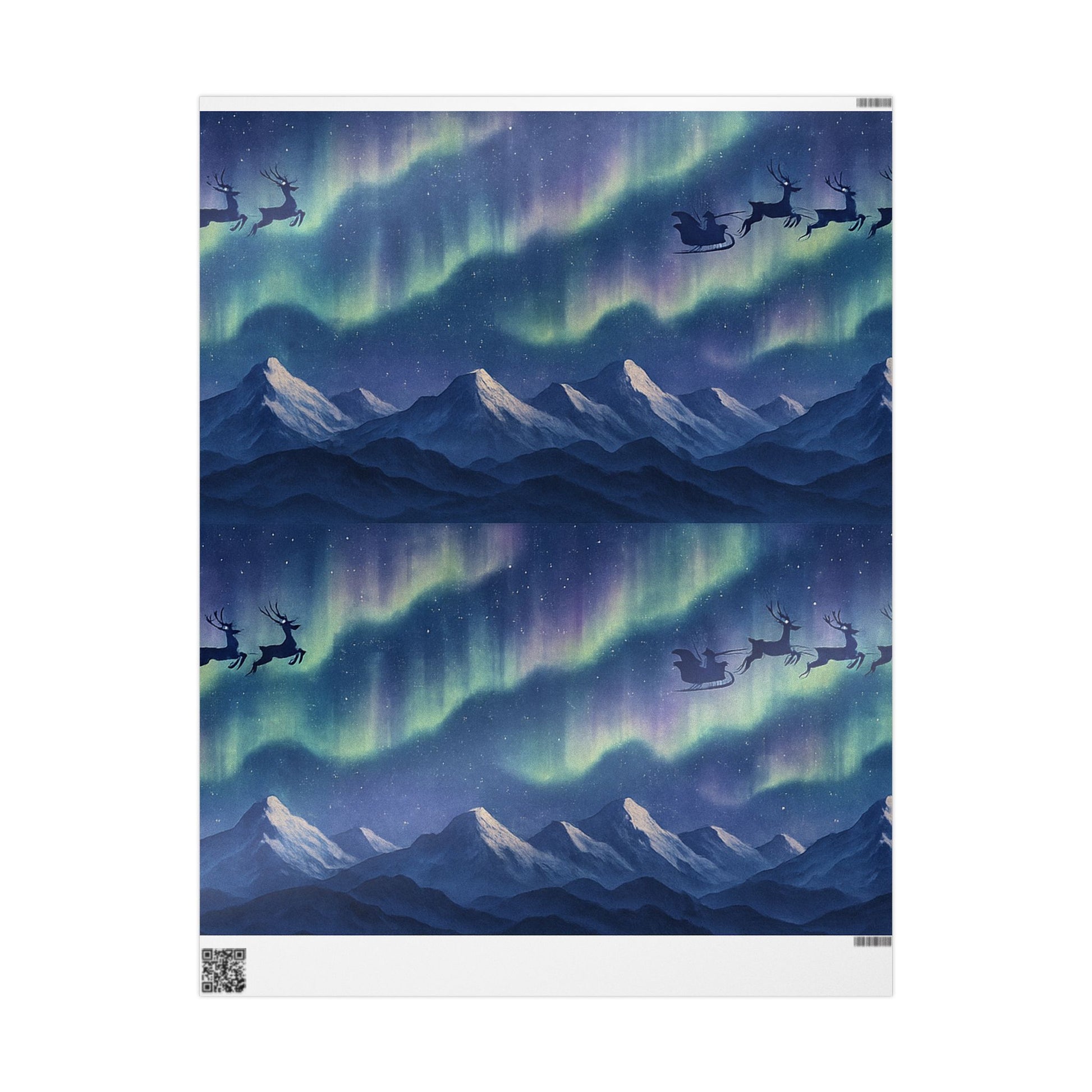 Santa Sleigh Over Northern Lights Wrapping Paper – Snowy Mountain Christmas Scene