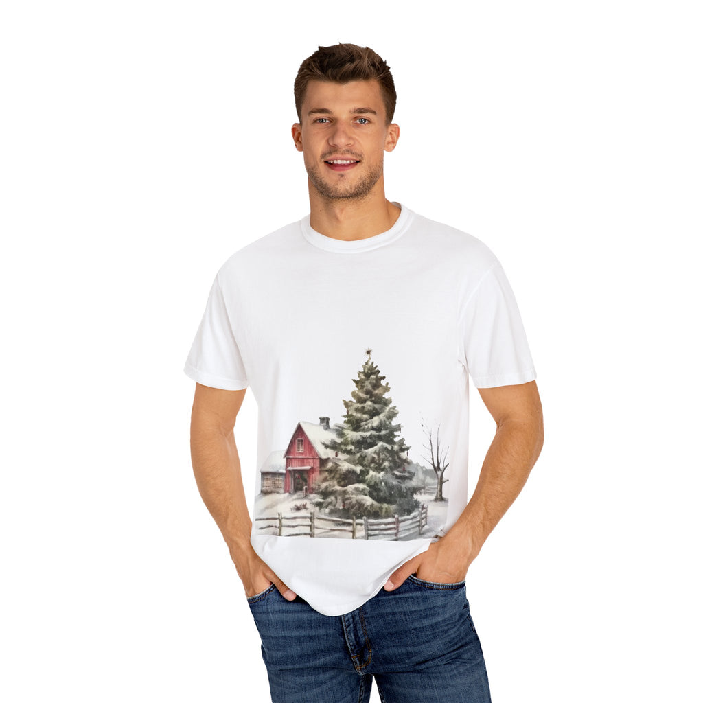 Whispers of Winter – Christmas Barn T-Shirt SHORT SLEEVE | Rustic Holiday Scene by Paper Pleasures