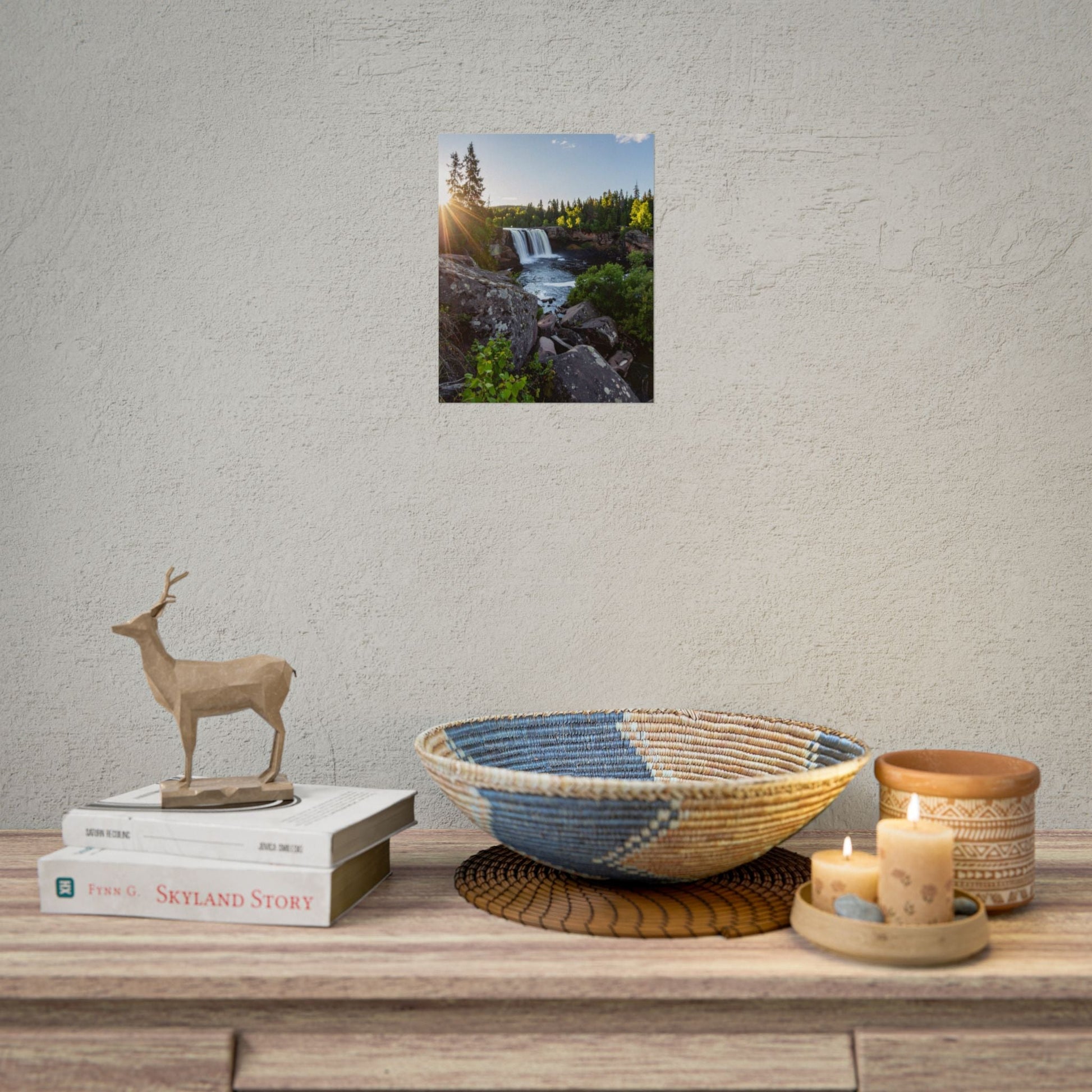 Forest Waterfall Poster with Sunlight Landscape Wall Art Print