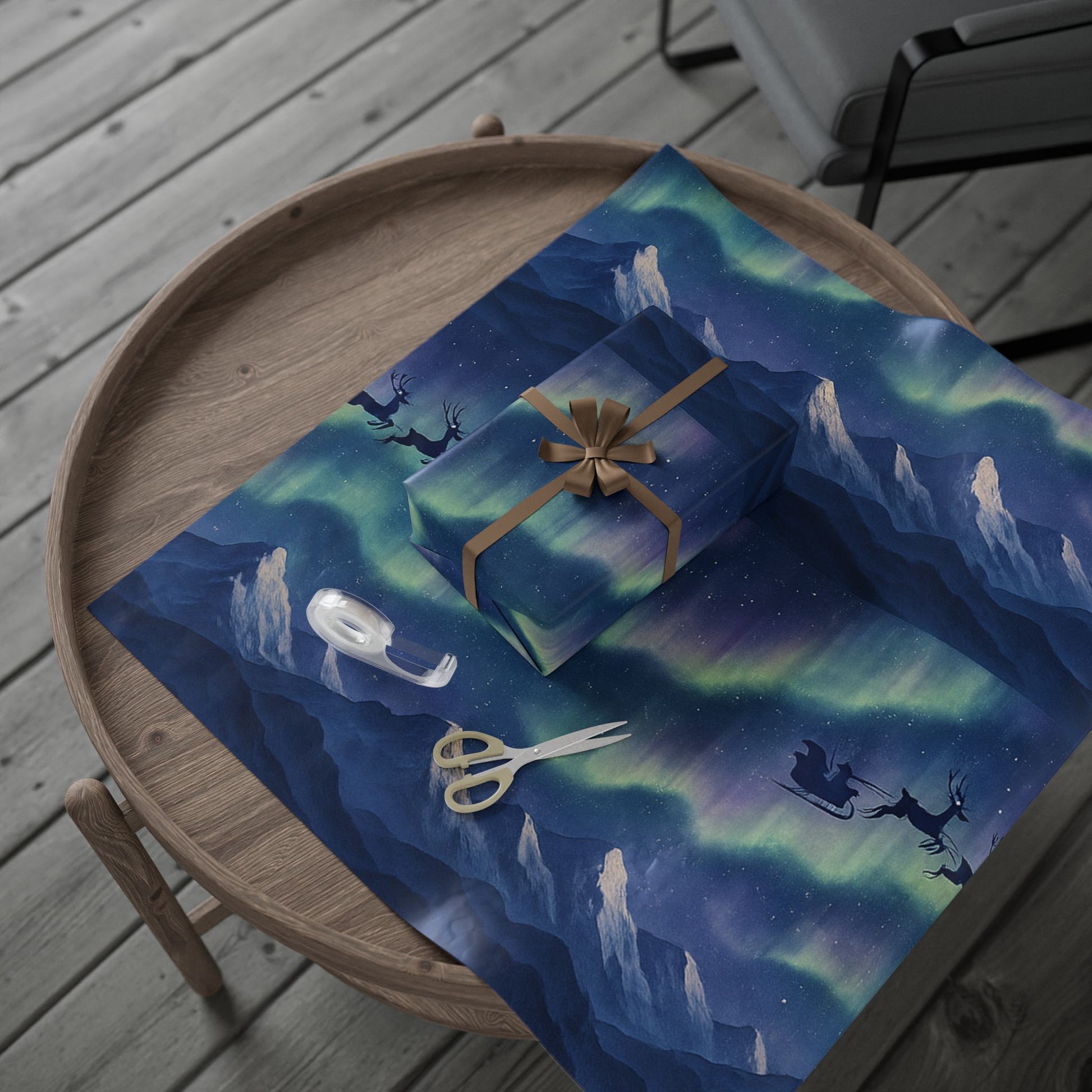 Santa Sleigh Over Northern Lights Wrapping Paper – Snowy Mountain Christmas Scene