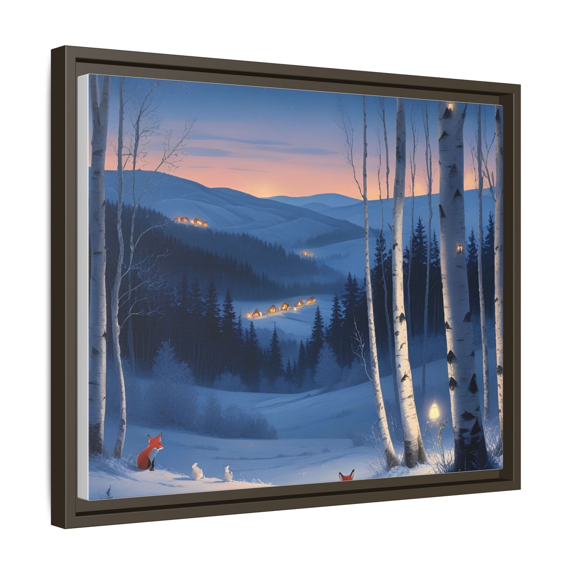 Snowy Forest Scene with Fox and Cabin Lights - Framed Winter Landscape Artwork