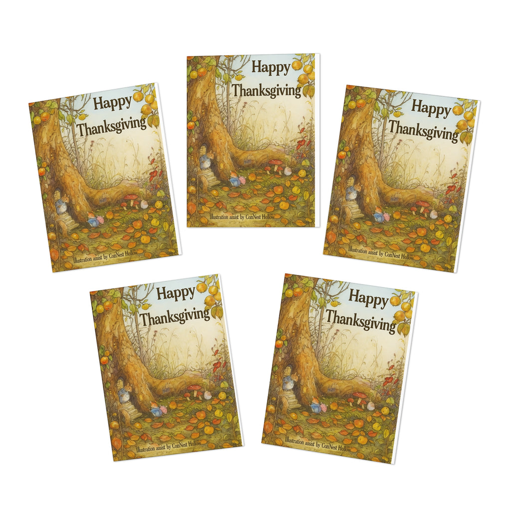 Happy Thanksgiving Mice Woodland Greeting Card – Cozy Autumn Treehouse Mice Illustration – CoziNest Hollow