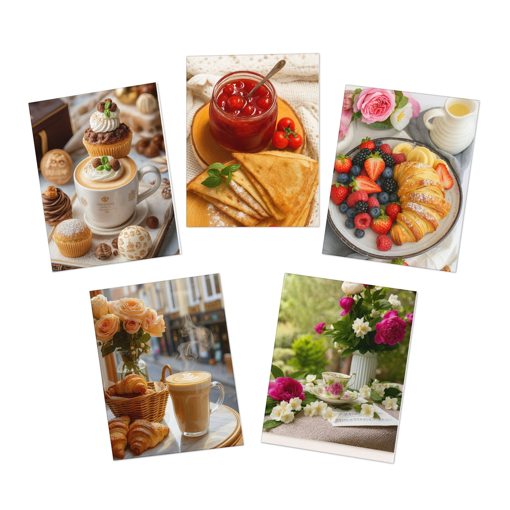Spring & Café Moments Note Card Set – Pack of 5 – Elegant Floral, Breakfast & Coffee Scene Cards – Illustrations by Katalin Tõt – Paper Pleasures-Breakfast & Brunch Greeting Cards — 5-Pack Assortment (Fruit, Pastries, Tea, Coffee)