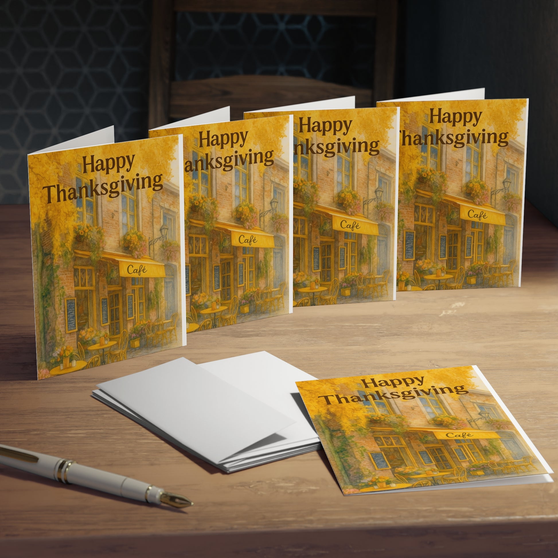 Happy Thanksgiving Greeting Cards (5-Pack) – Autumn Coffee Shop Scene – CoziNest Hollow 3