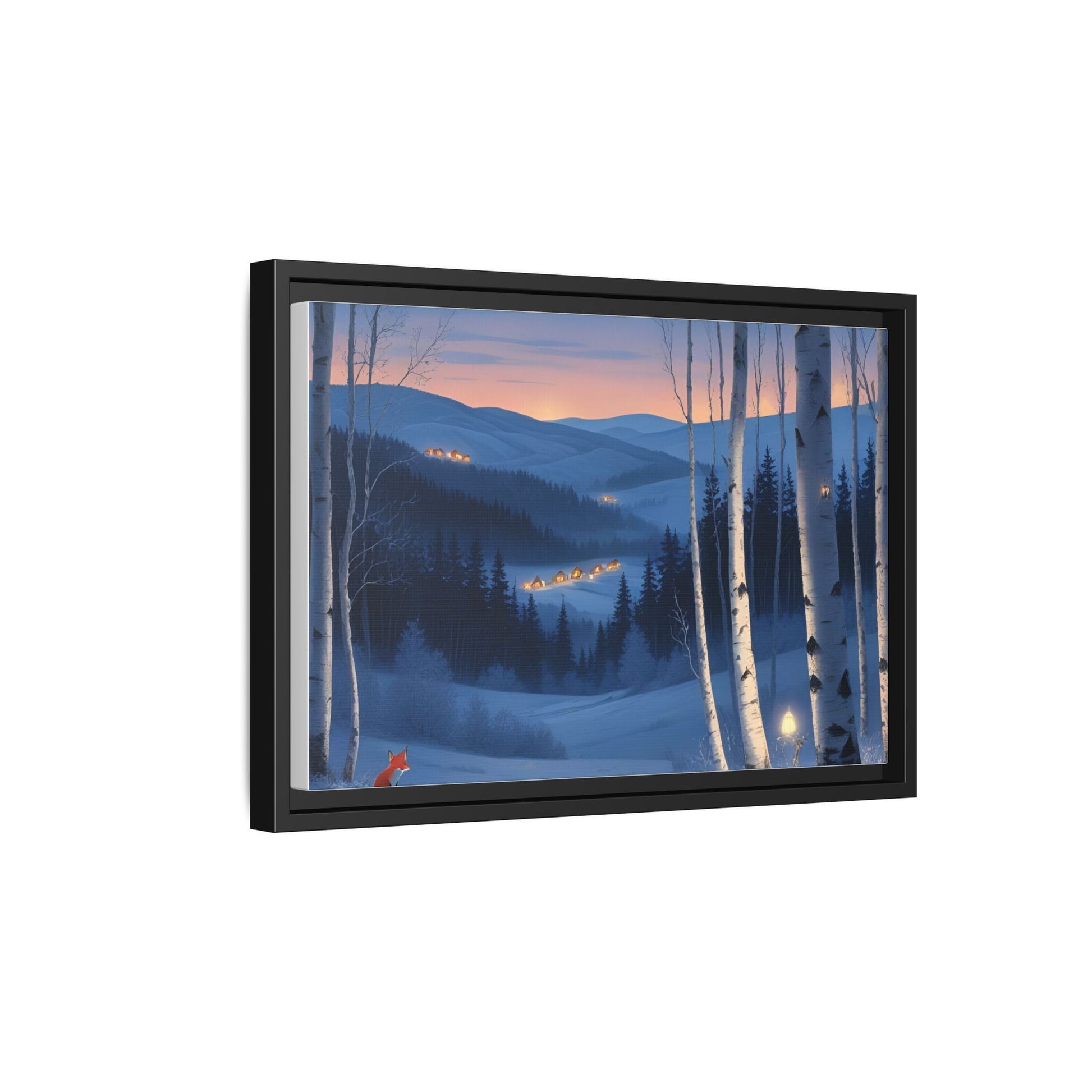 Snowy Forest Scene with Fox and Cabin Lights - Framed Winter Landscape Artwork