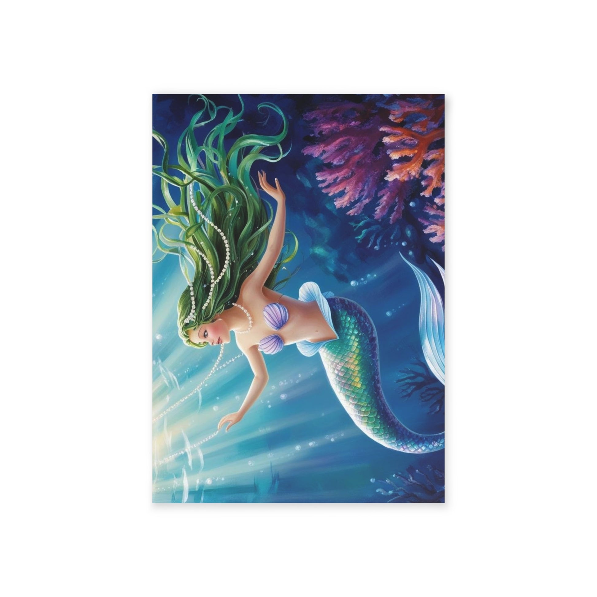 Green-Haired Mermaid Coral Reef Note Card – Ocean Fantasy Series (One-sided print)