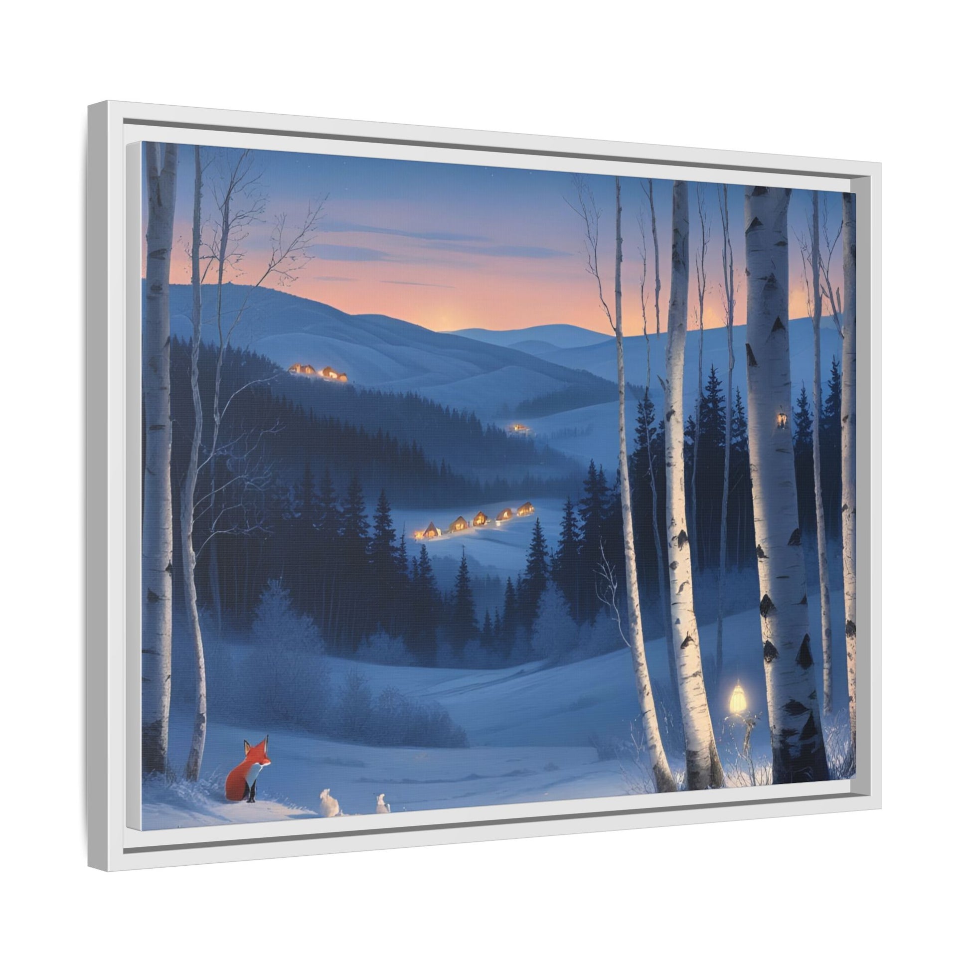 Snowy Forest Scene with Fox and Cabin Lights - Framed Winter Landscape Artwork