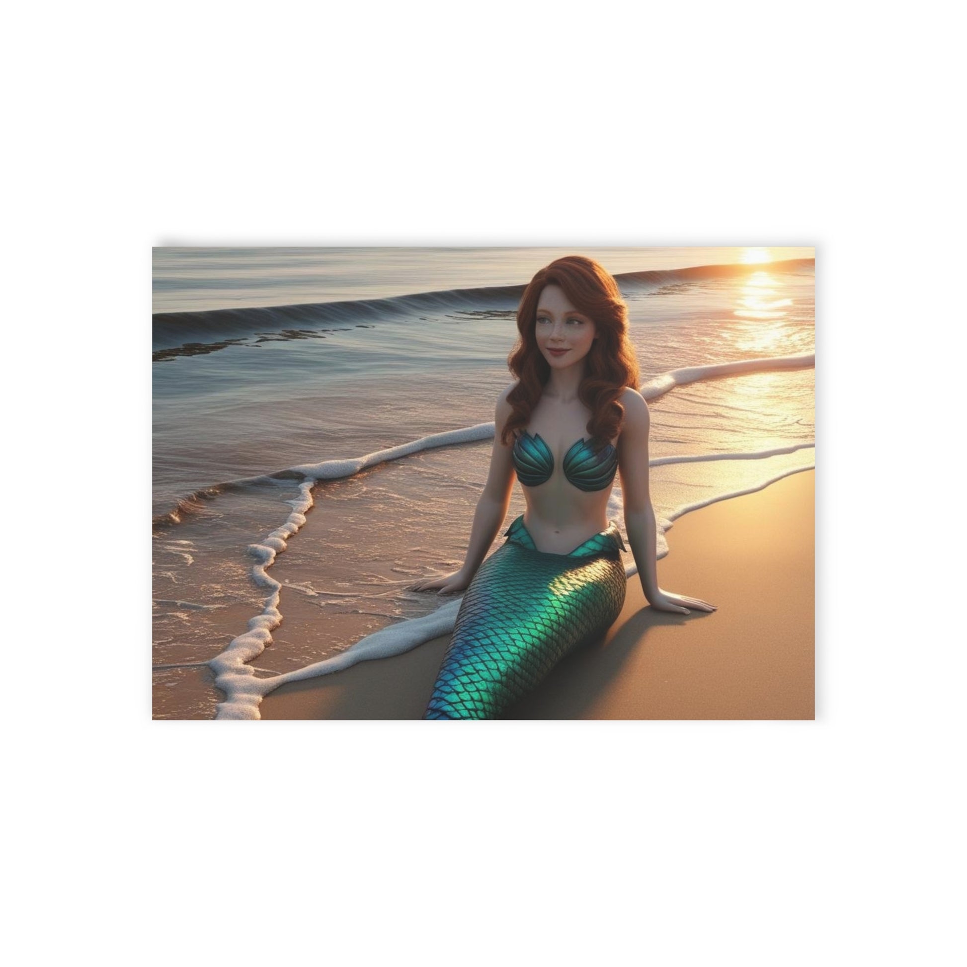 Coralyn the Auburn-Haired Mermaid Note Card – Sunlit Shoreline Scene – Mermaid Things Collection
