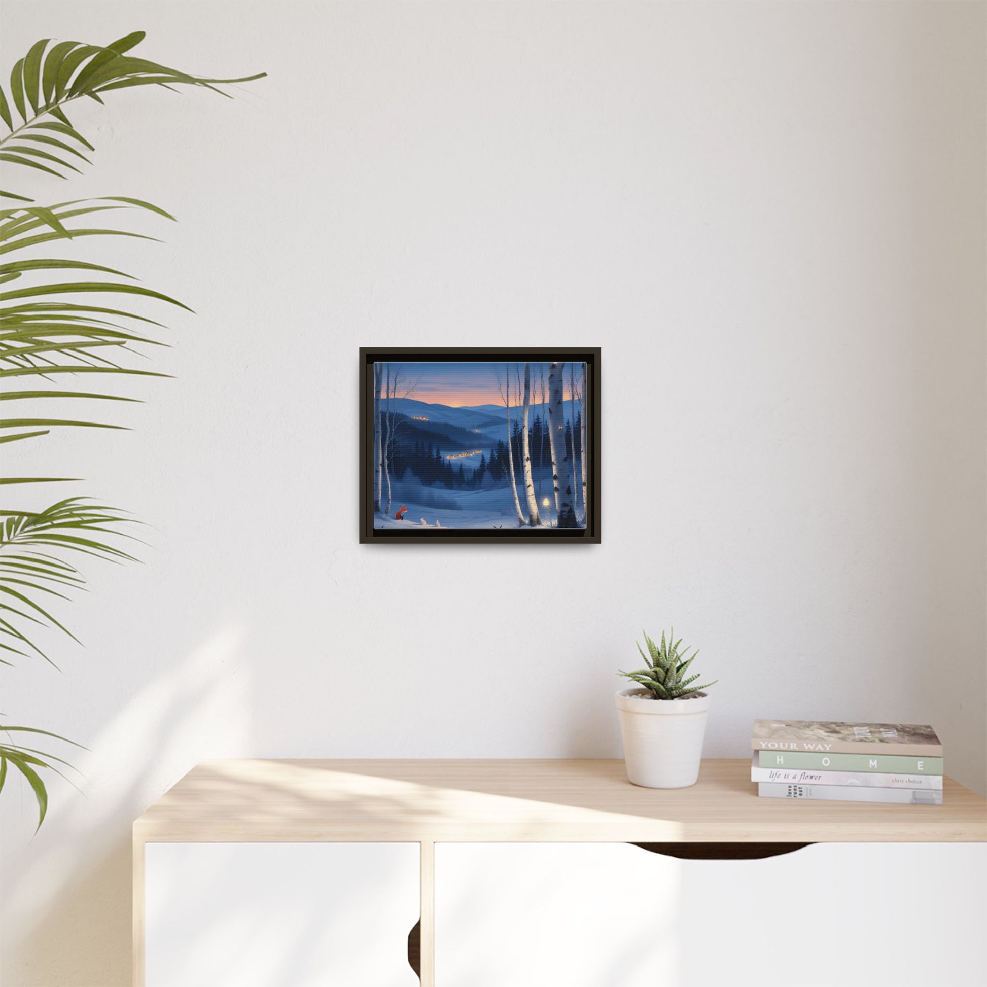 Snowy Forest Scene with Fox and Cabin Lights - Framed Winter Landscape Artwork