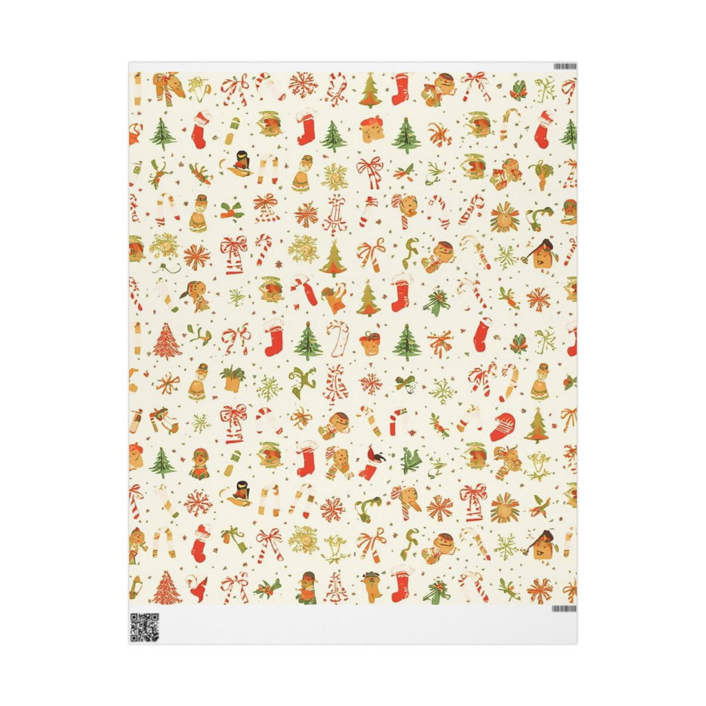 Christmas-themed patterned paper with various holiday elements on a white background