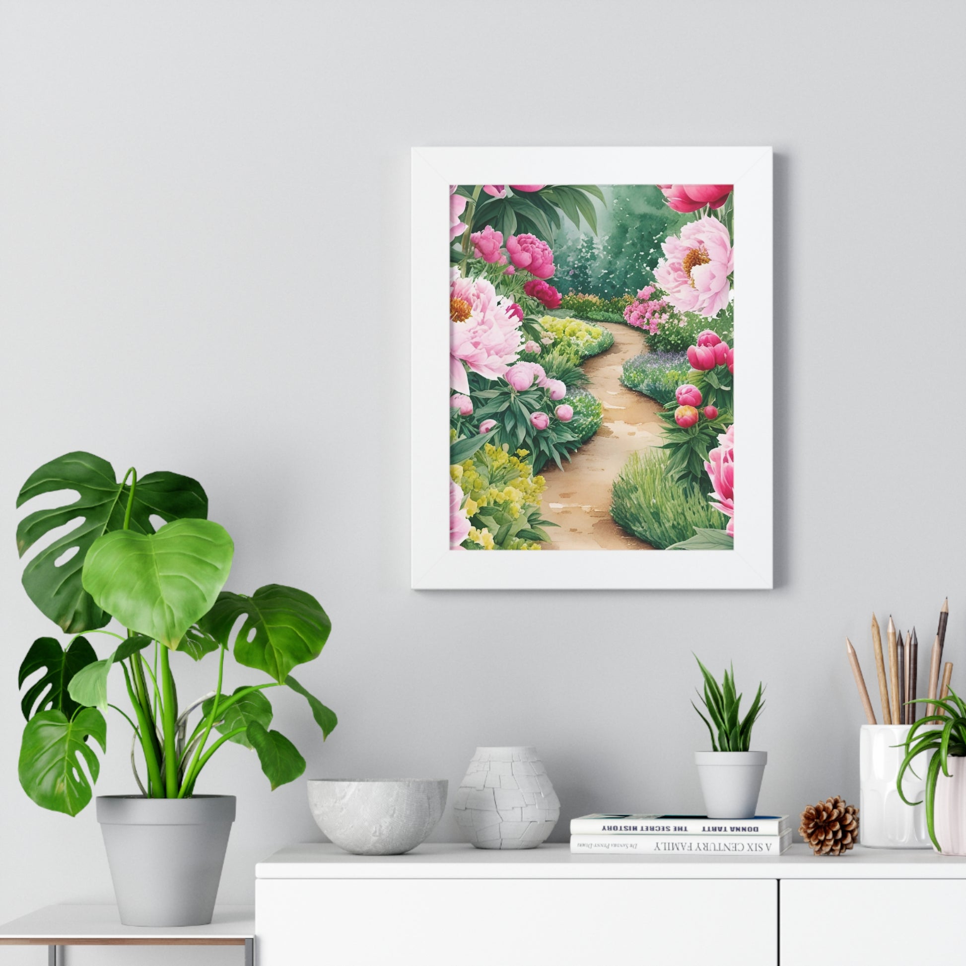 Floral Pathway Framed Vertical Poster - Serene Wall Art for Home Decor