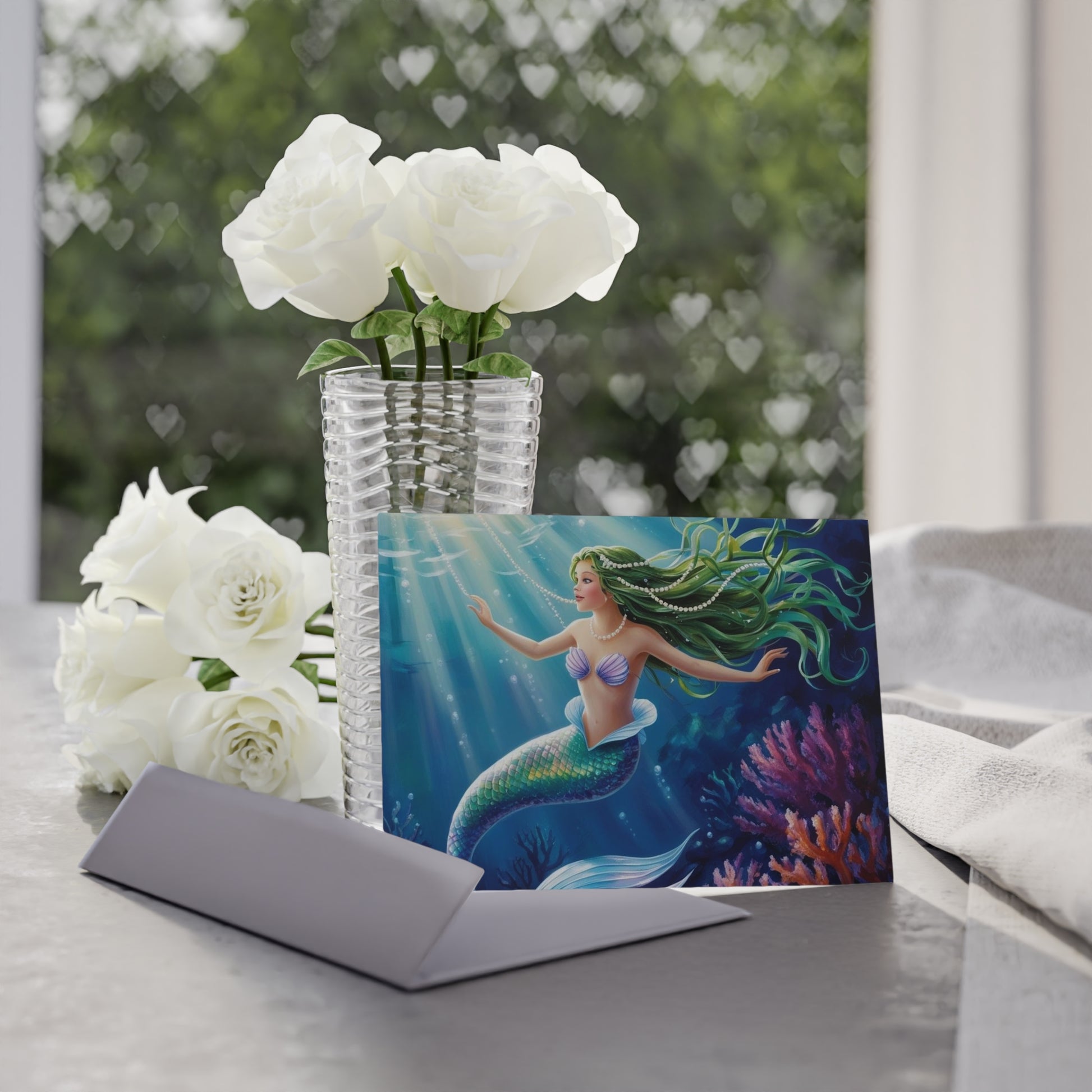 Green-Haired Mermaid Coral Reef Note Card – Ocean Fantasy Series (One-sided print)