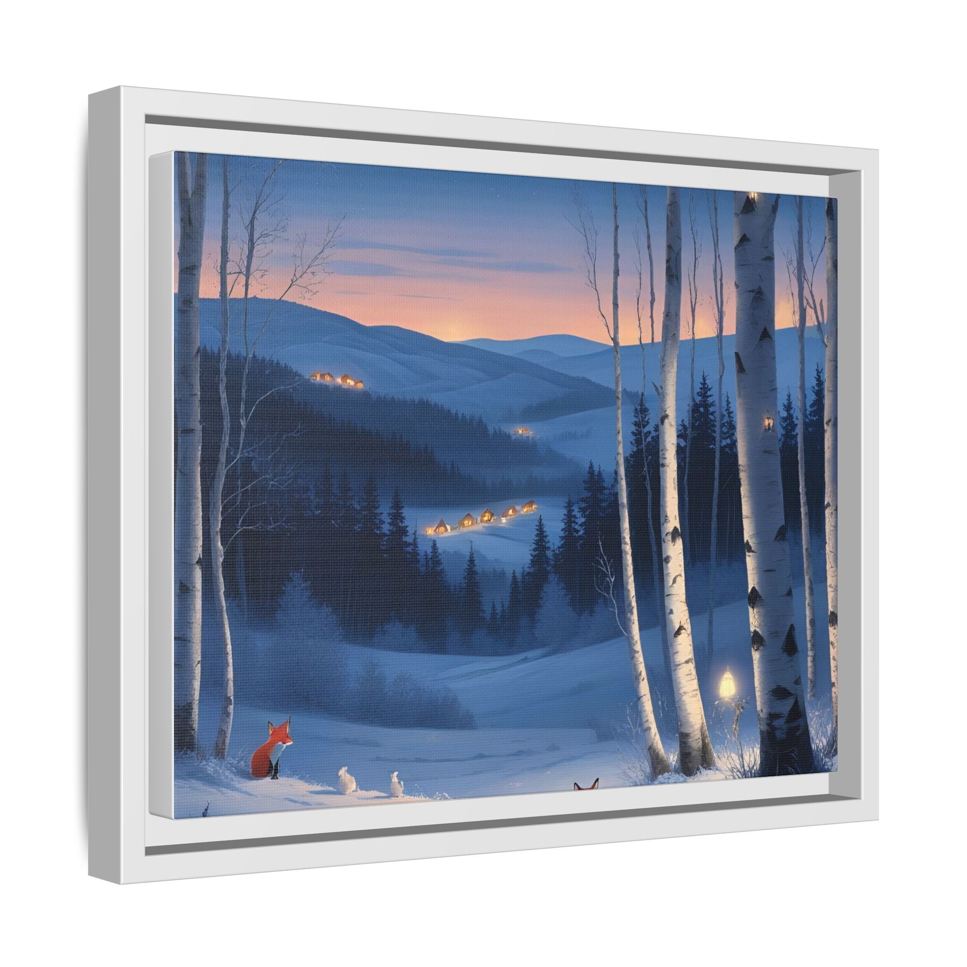 Snowy Forest Scene with Fox and Cabin Lights - Framed Winter Landscape Artwork