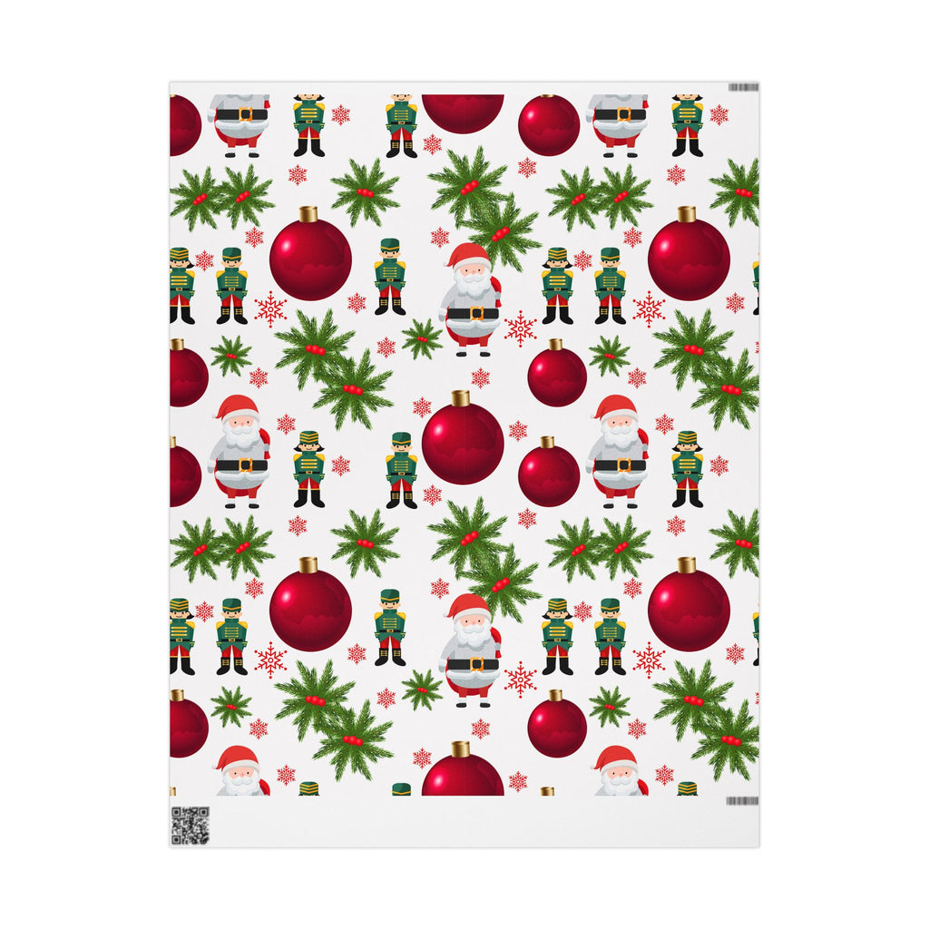 Christmas-themed wrapping paper with Santa Claus, elves, and red ornaments on a white background.