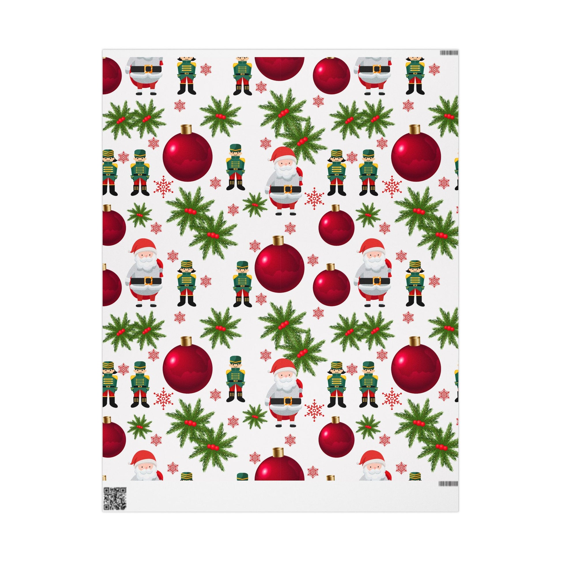 Christmas-themed wrapping paper with Santa Claus, elves, and red ornaments on a white background.