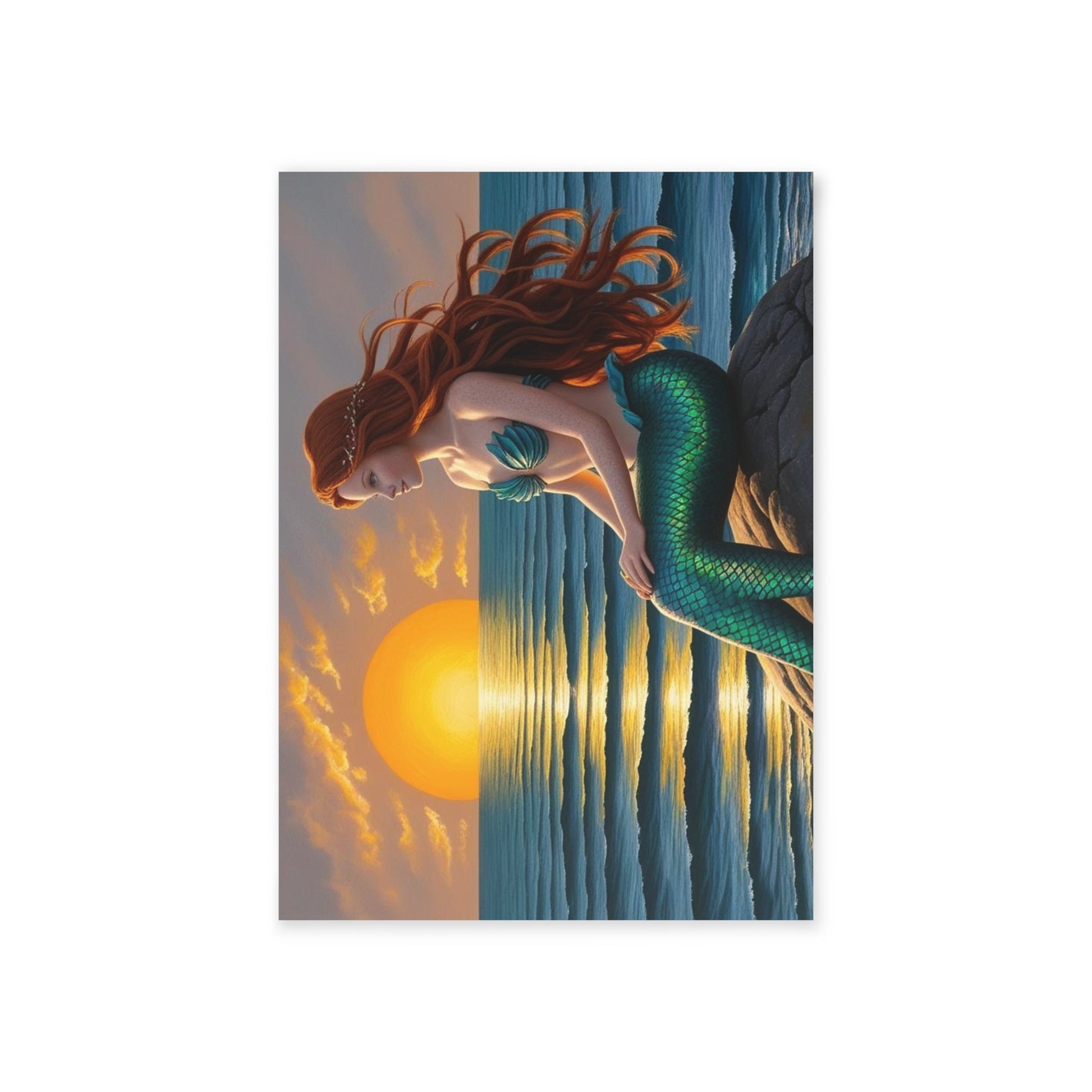 Red-Haired Mermaid Sunset Note Card – Ocean Fantasy Series (One-sided print)