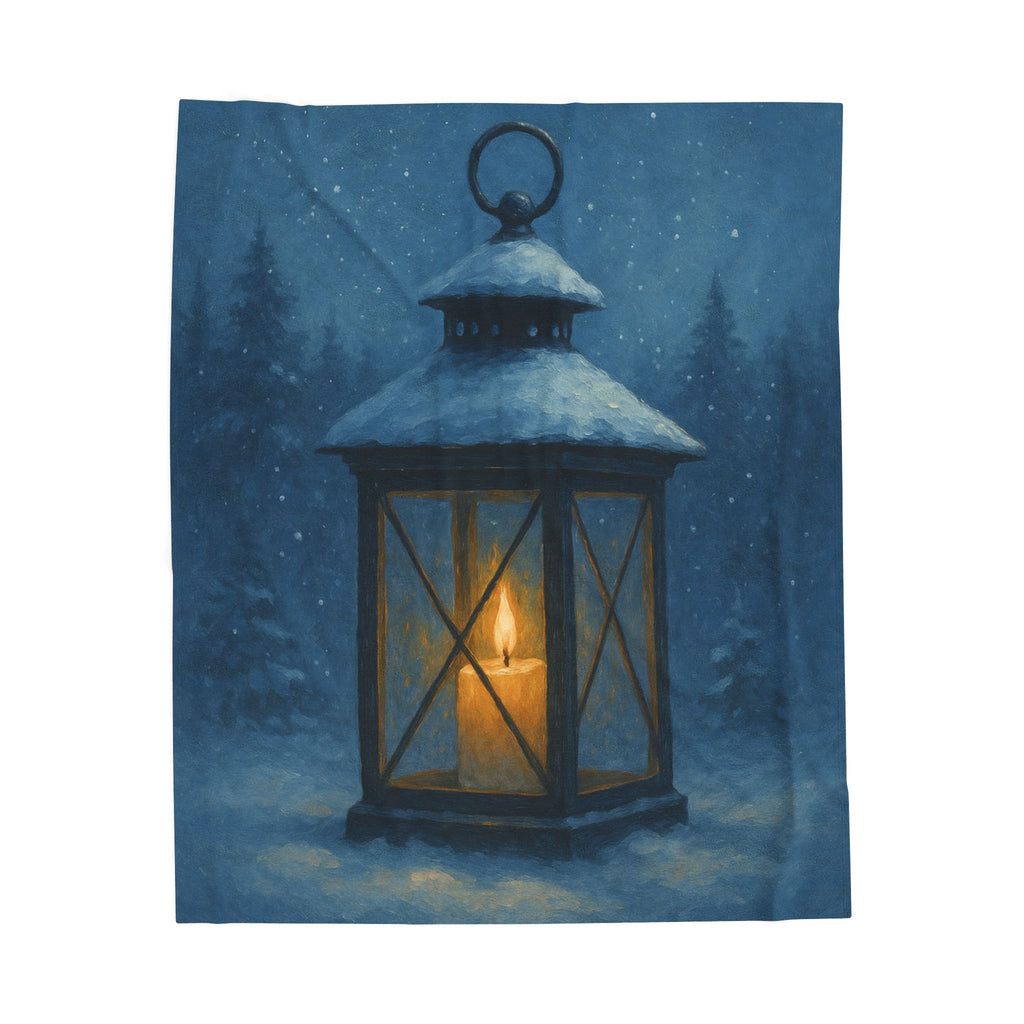 Fleece blanket with a lantern design featuring a lit candle in a snowy landscape.