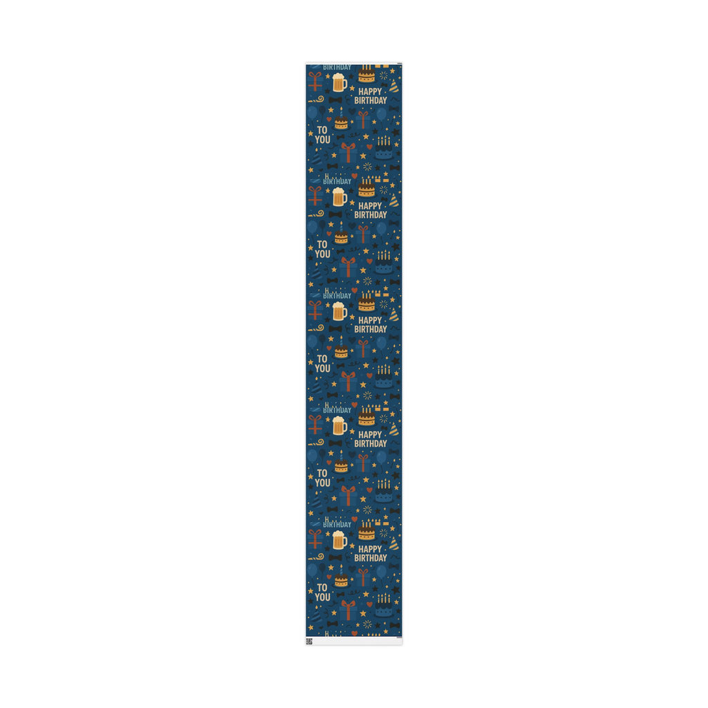 Happy Birthday Wrapping Paper – Navy Blue with Cakes, Gifts & Party Icons