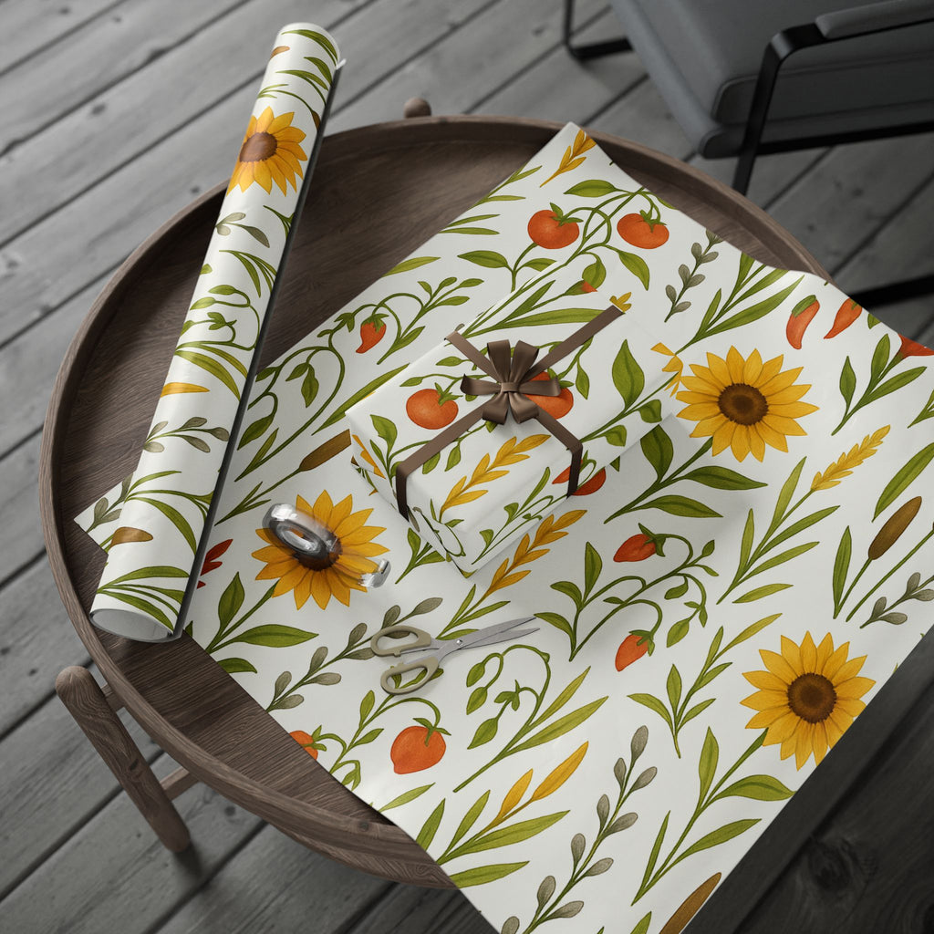 Sunflowers, Tomatoes & Autumn Harvest Botanical Wrapping Paper – Bright Seasonal Gift Wrap
