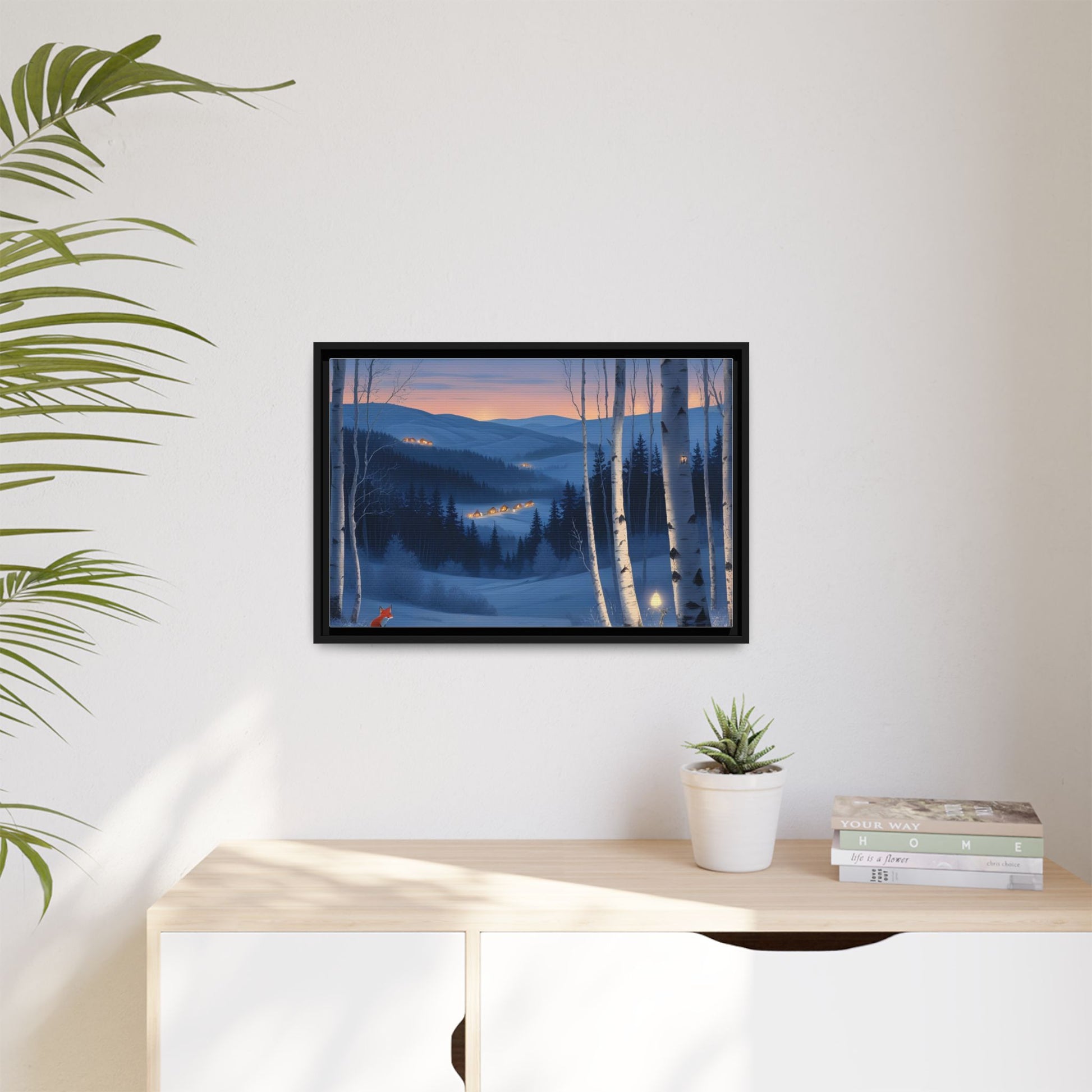 Snowy Forest Scene with Fox and Cabin Lights - Framed Winter Landscape Artwork