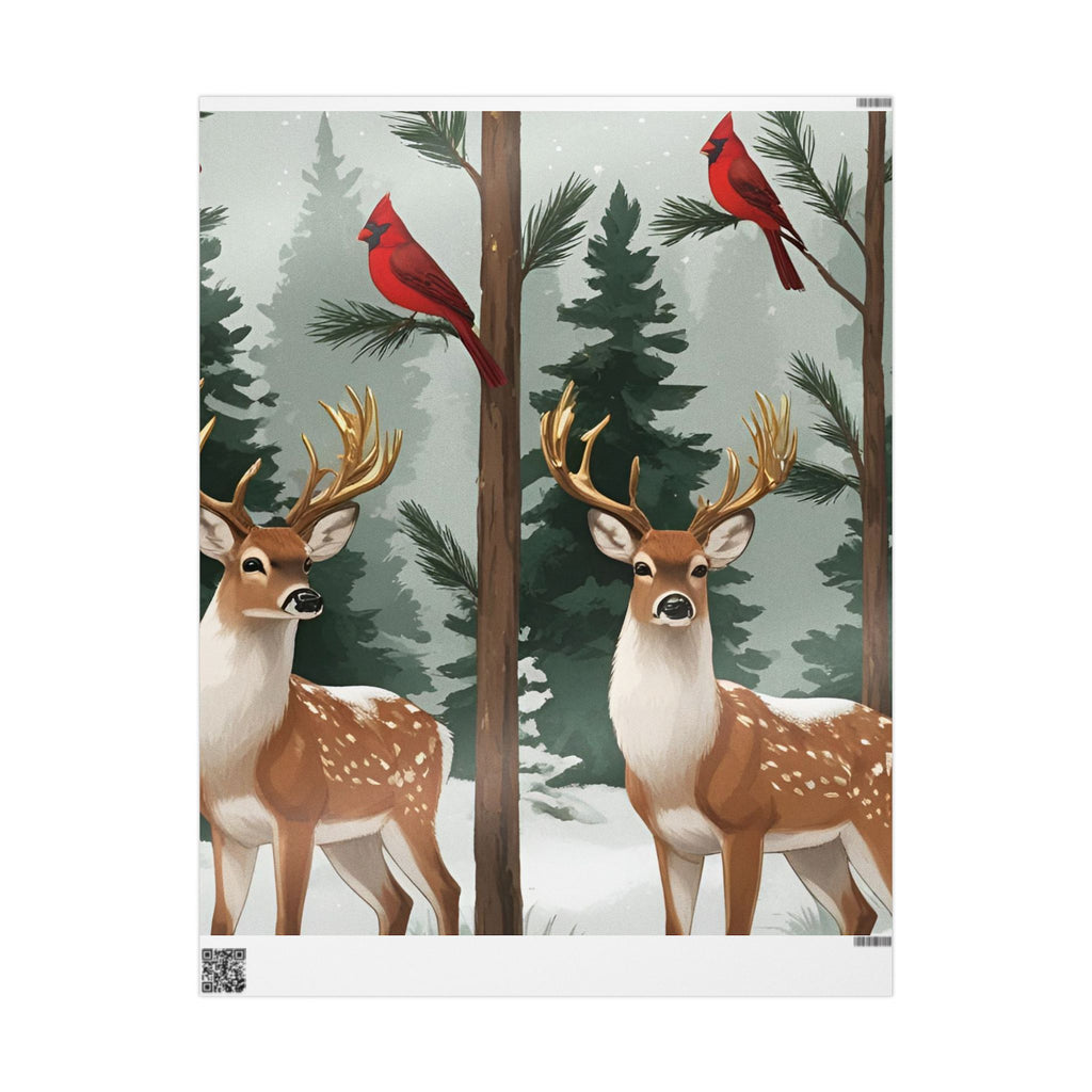 Large Print Festive Holiday Gift Wrap - Winter Deer & Cardinal Forest Wrapping Paper