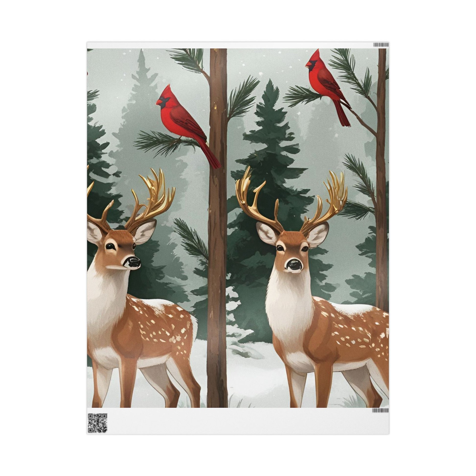 Large Print Festive Holiday Gift Wrap - Winter Deer & Cardinal Forest Wrapping Paper