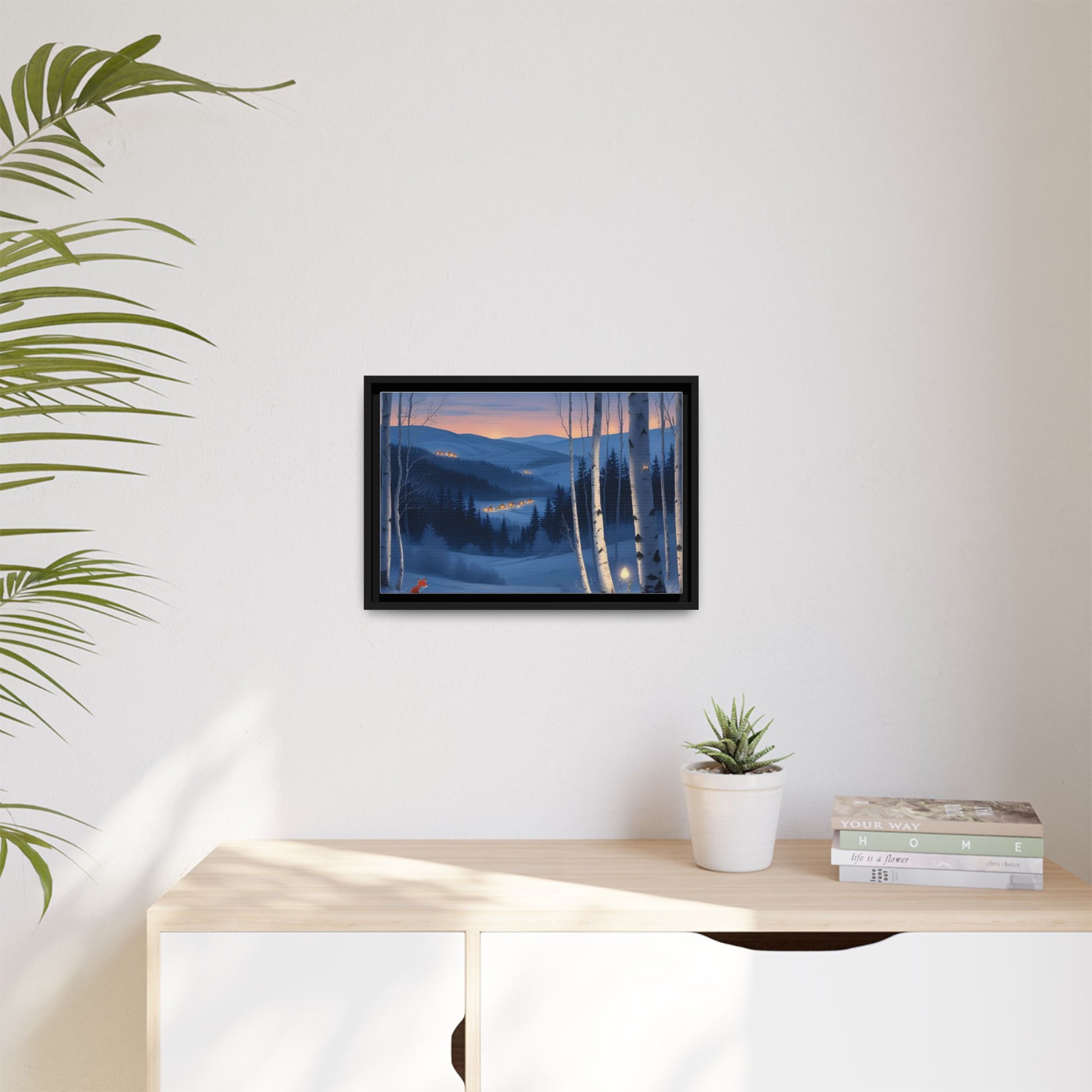 Snowy Forest Scene with Fox and Cabin Lights - Framed Winter Landscape Artwork